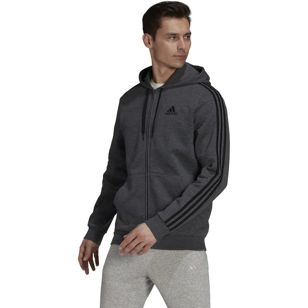 adidas Men’s Standard Essential Fleece 3-Stripe Full-Zip Hoodie HB0042 GREY
