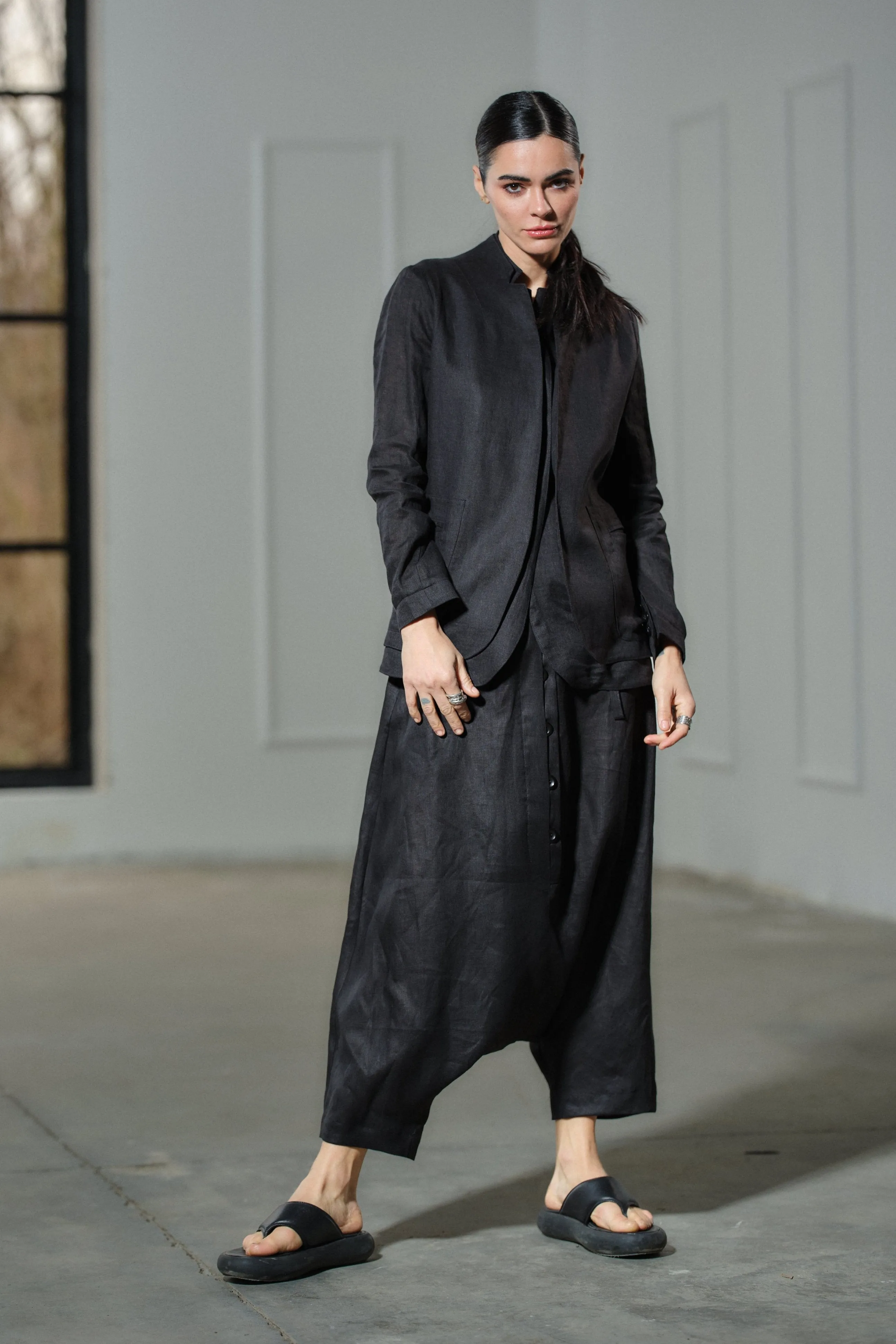 Avant garde black linen drop crotch pants