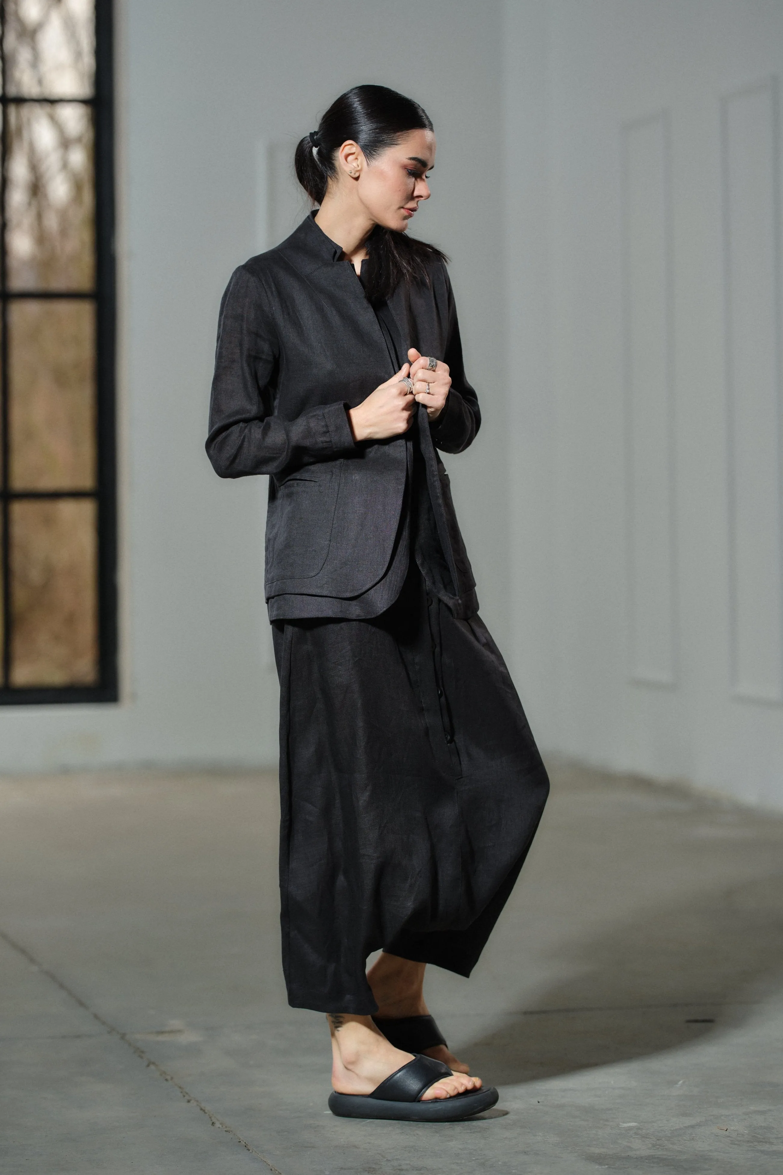 Avant garde black linen drop crotch pants