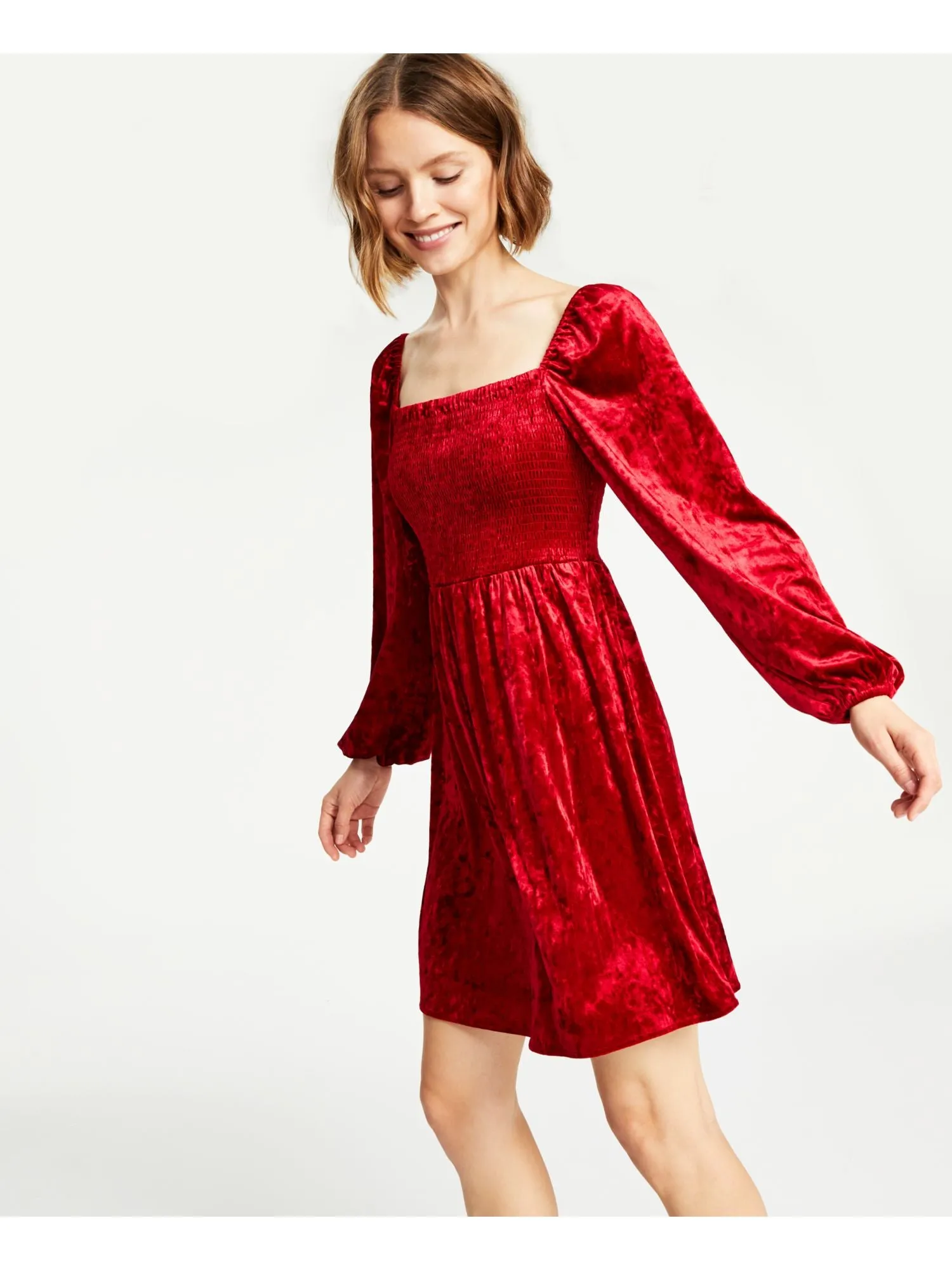 BAR III DRESSES Womens Red Unlined Smocked Pullover Long Sleeve Square Neck Above The Knee Fit   Flare Dress