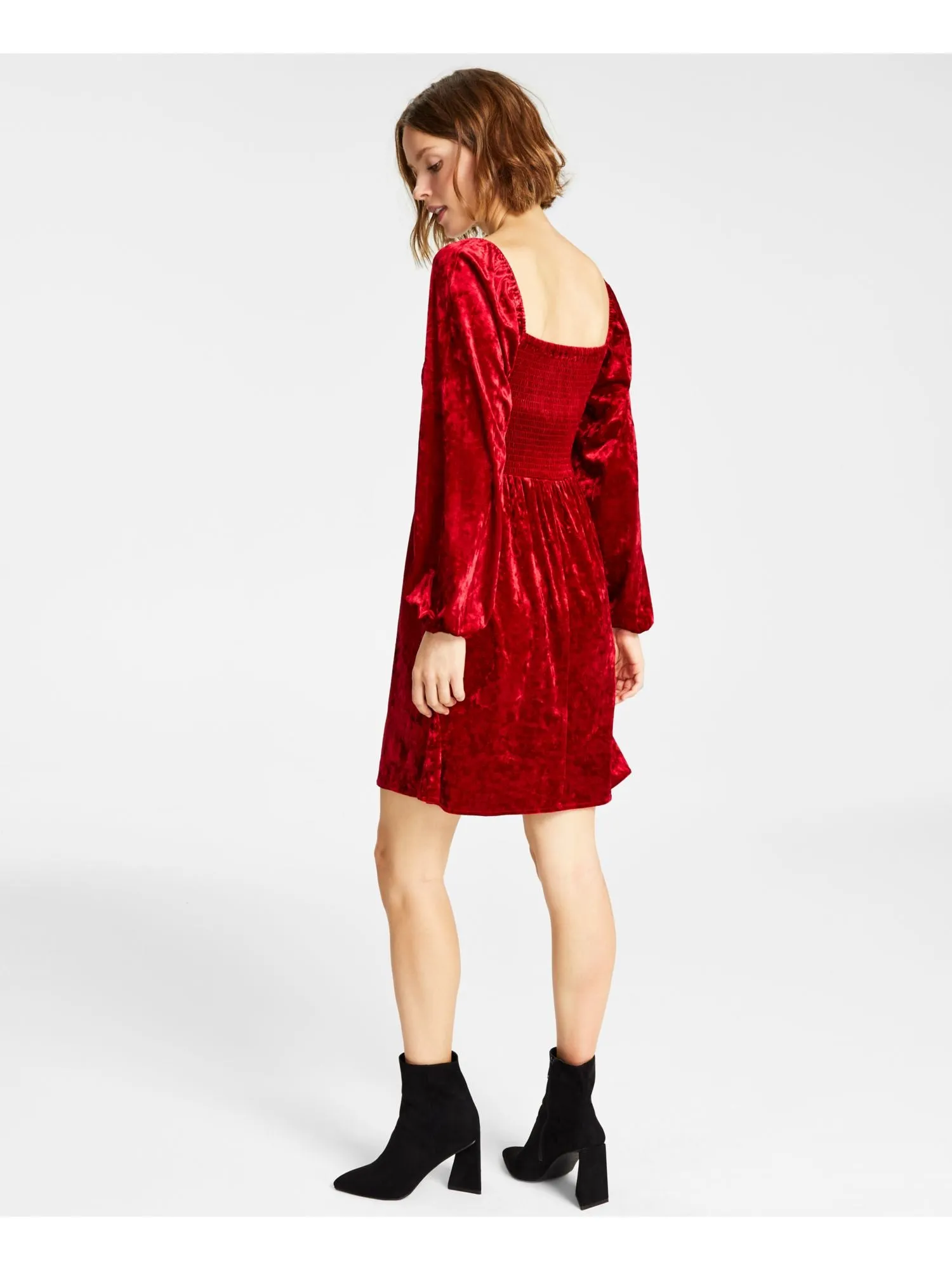 BAR III DRESSES Womens Red Unlined Smocked Pullover Long Sleeve Square Neck Above The Knee Fit   Flare Dress