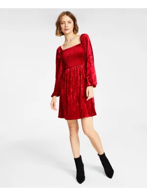 BAR III DRESSES Womens Red Unlined Smocked Pullover Long Sleeve Square Neck Above The Knee Fit   Flare Dress