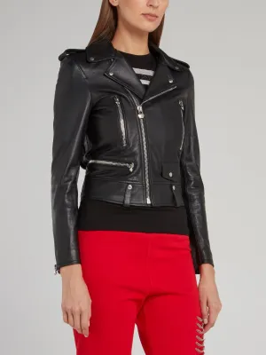 Black Cropped Leather Biker Jacket