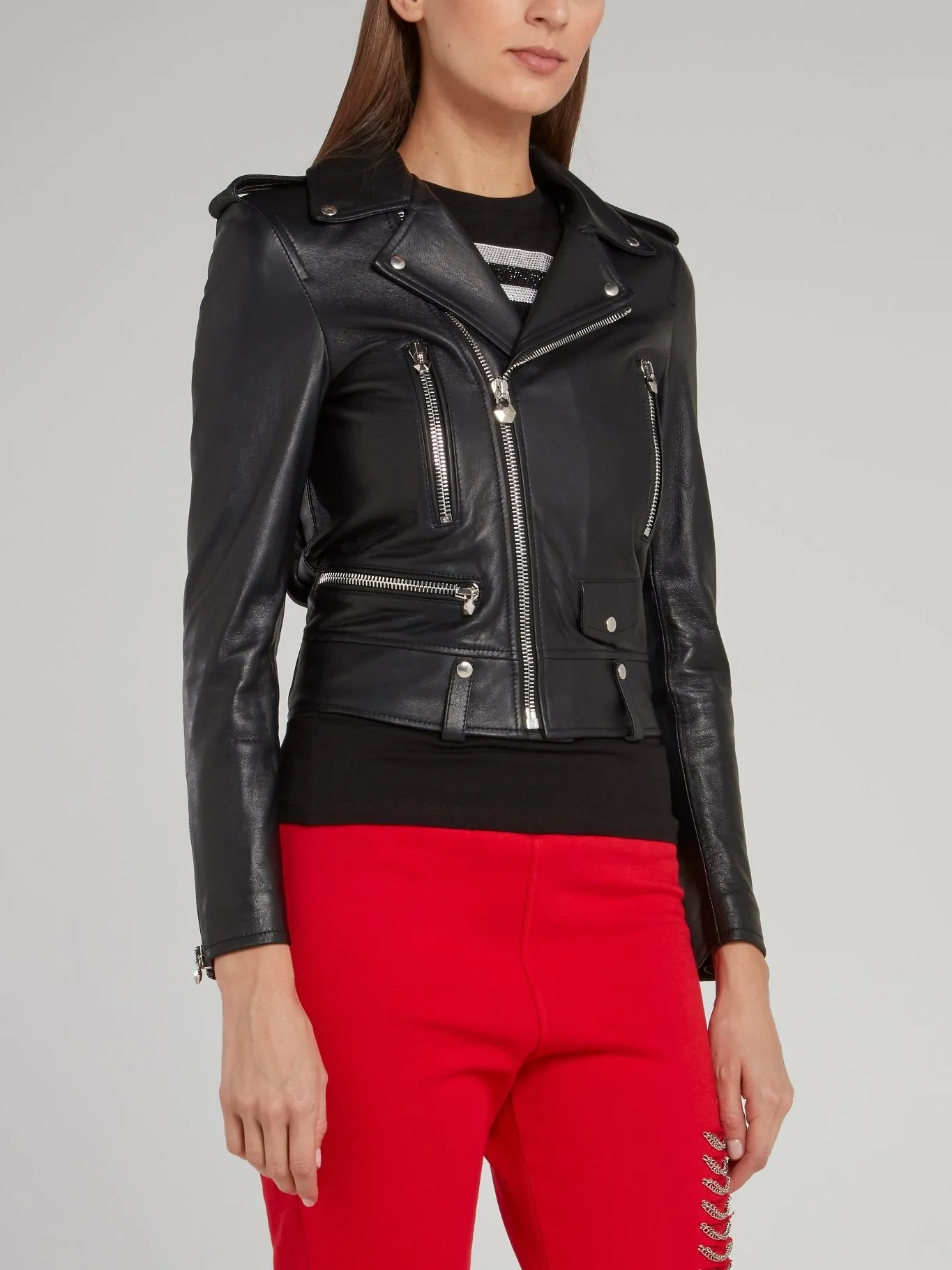 Black Cropped Leather Biker Jacket