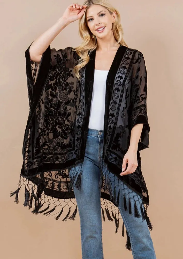 Black Rose Burnout Velvet Fringed Cover-Up
