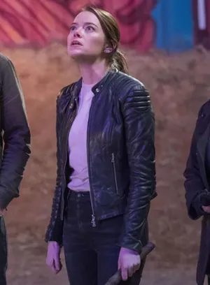 Black Zombie Land Leather Jacket Worn By Emma Stone | Emma Stone Black Zombie Land Leather Jacket