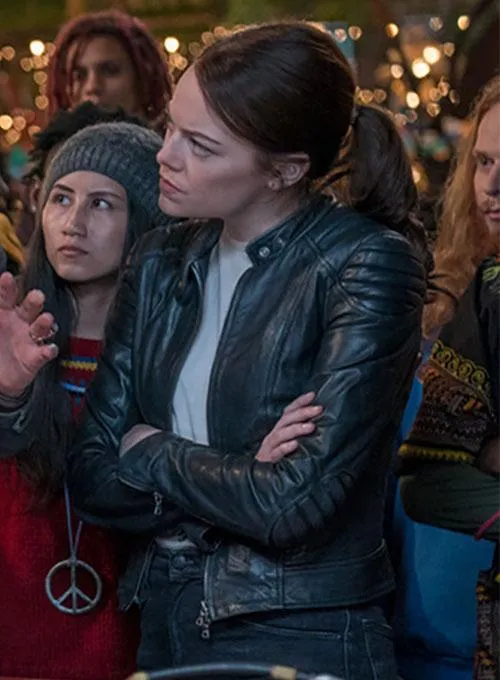 Black Zombie Land Leather Jacket Worn By Emma Stone | Emma Stone Black Zombie Land Leather Jacket