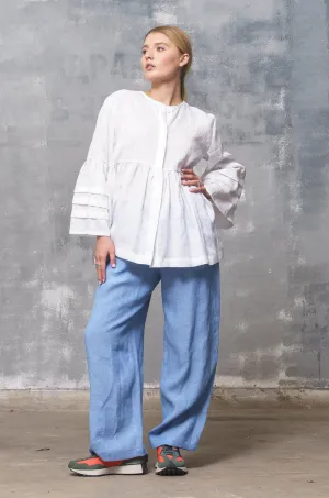 Blue Linen Elastic Waist Pants