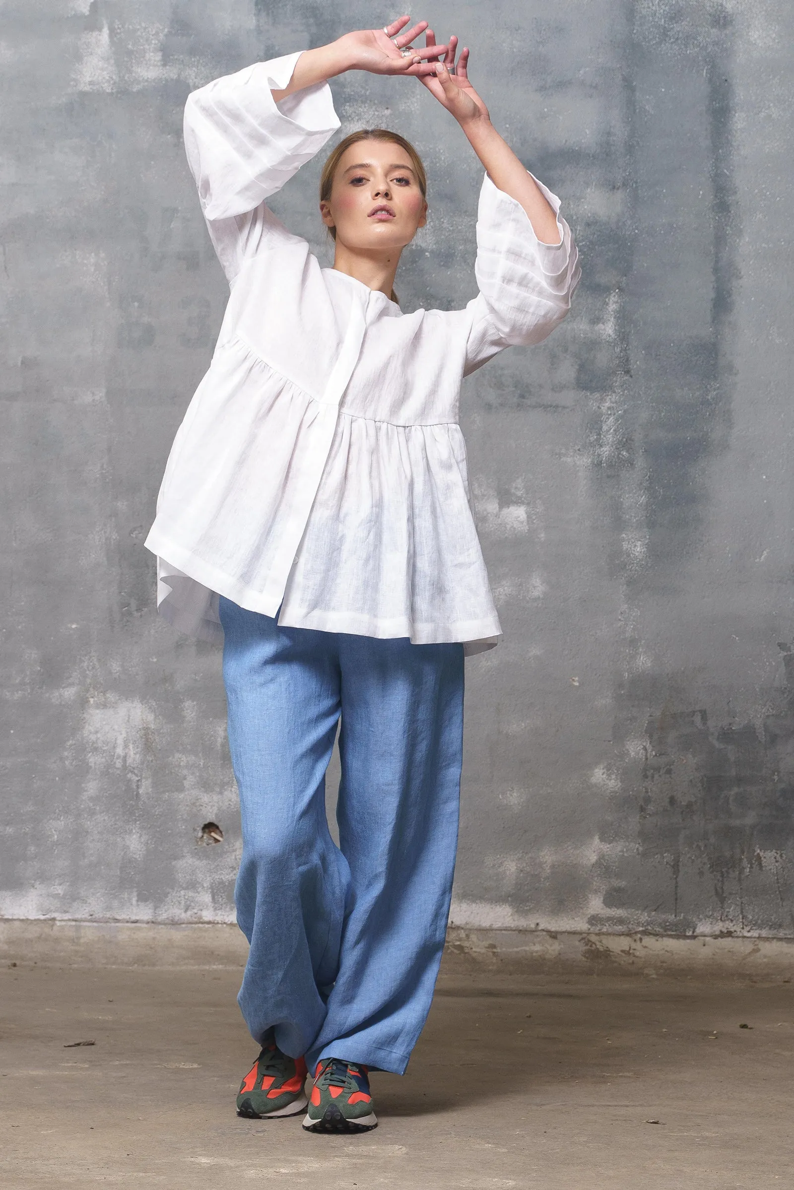 Blue Linen Elastic Waist Pants