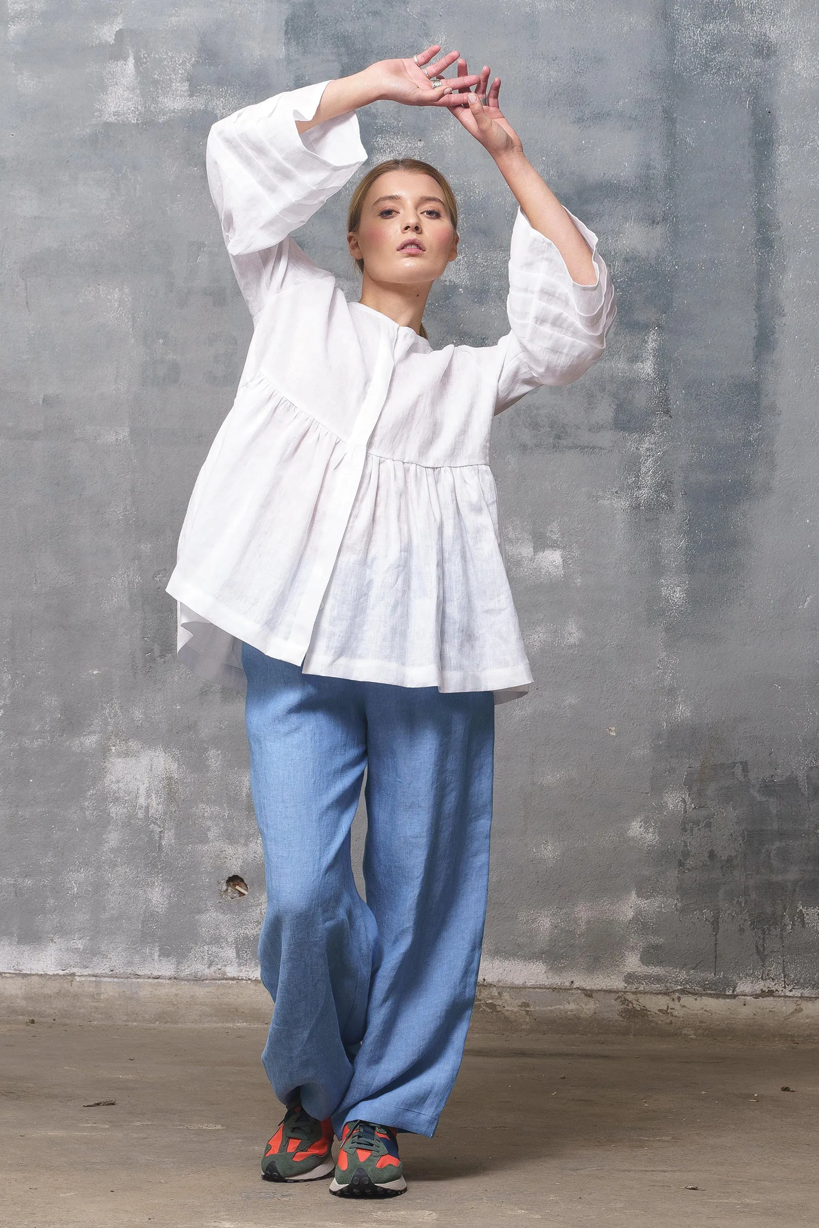 Blue Linen Elastic Waist Pants