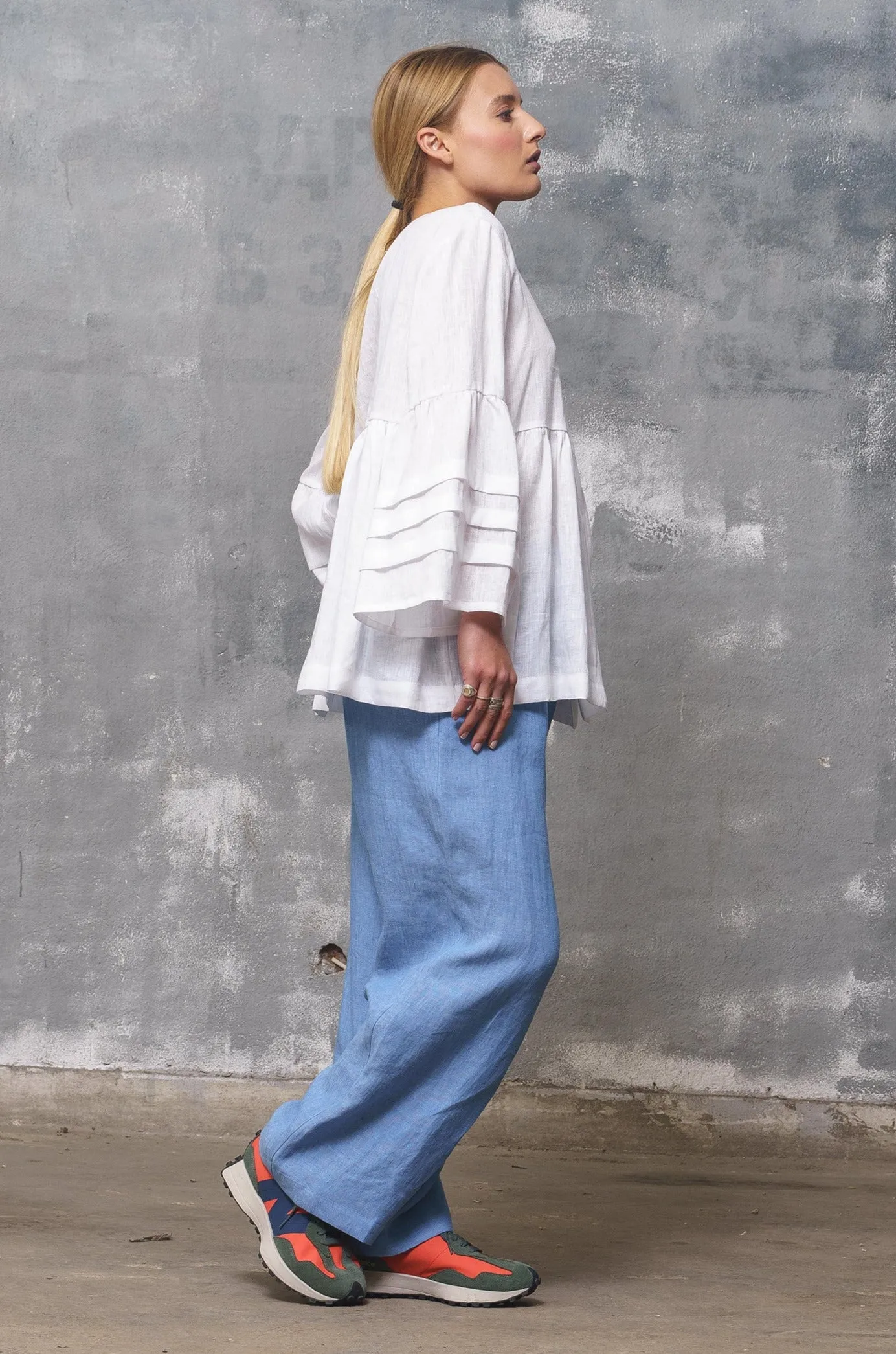 Blue Linen Elastic Waist Pants