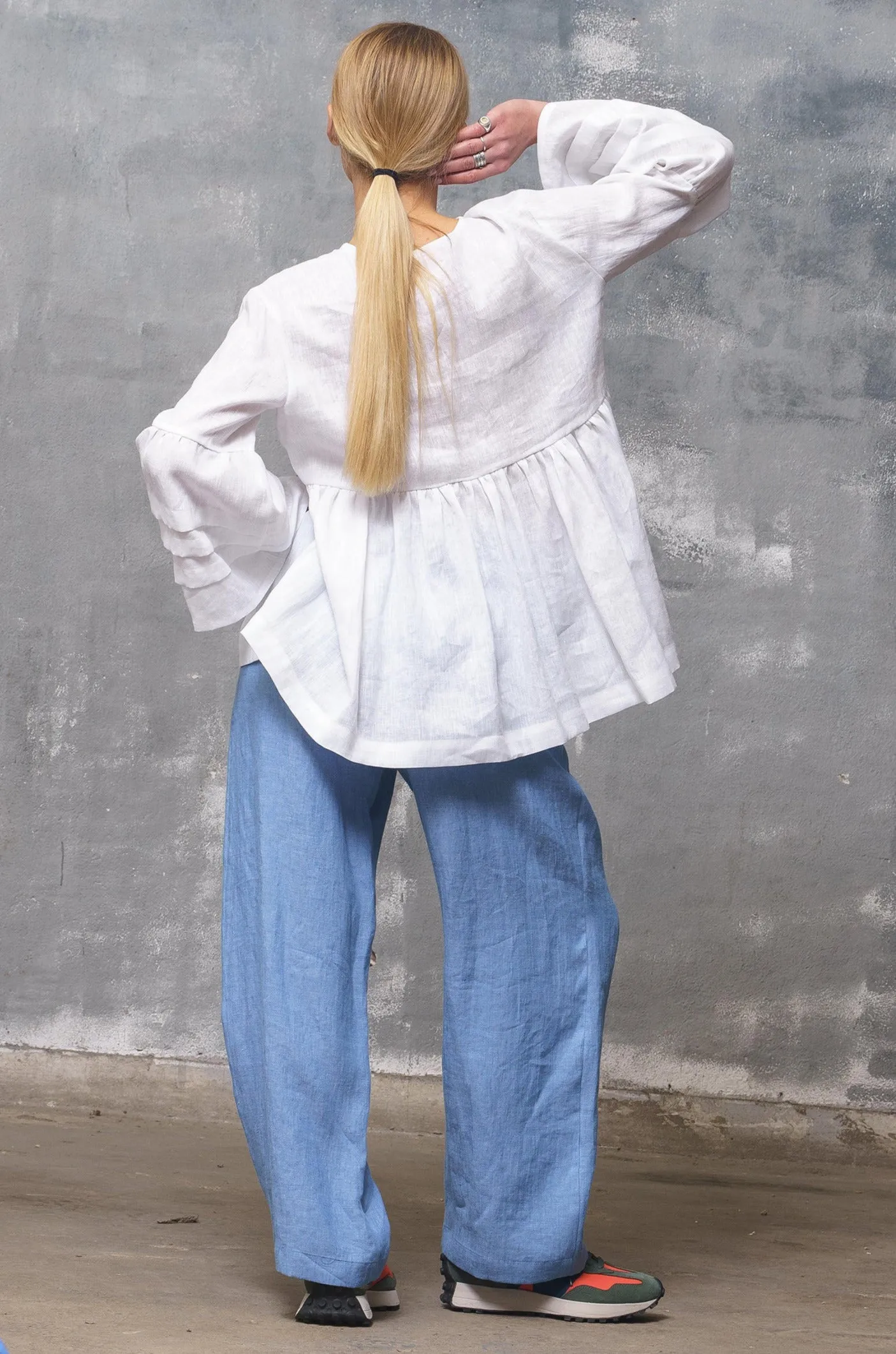 Blue Linen Elastic Waist Pants