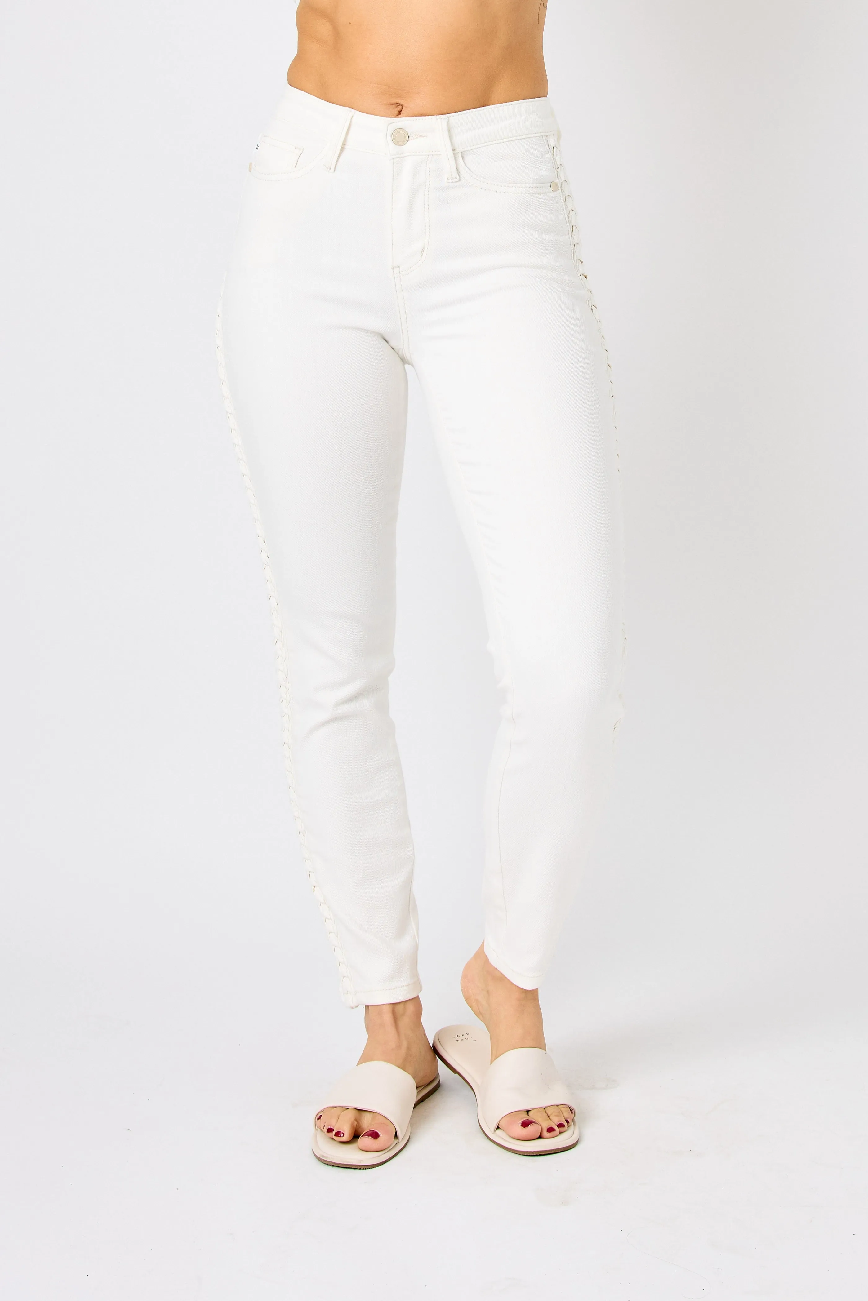 Braided Side Relaxed White Jean