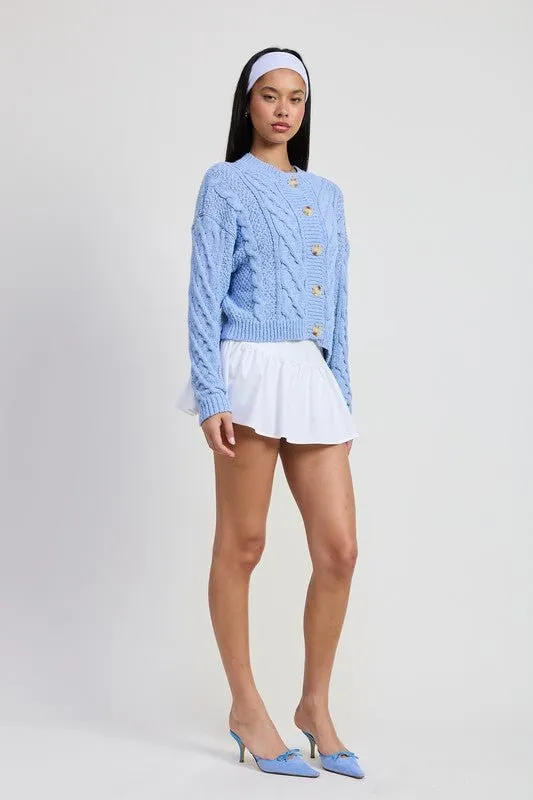 Cable Knit Button-Up Cardigan in Baby Blue