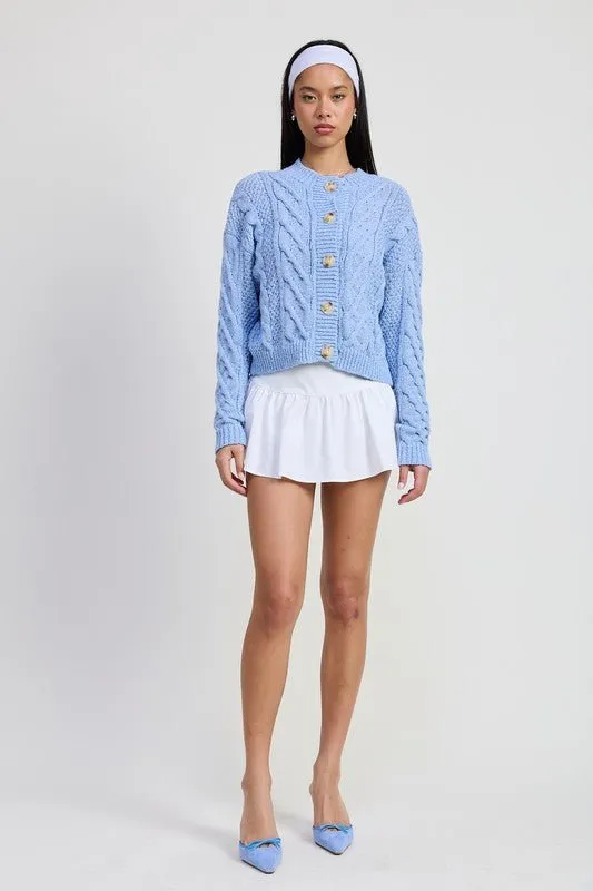 Cable Knit Button-Up Cardigan in Baby Blue