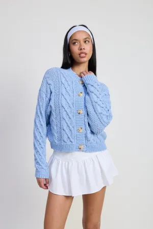 Cable Knit Button-Up Cardigan in Baby Blue