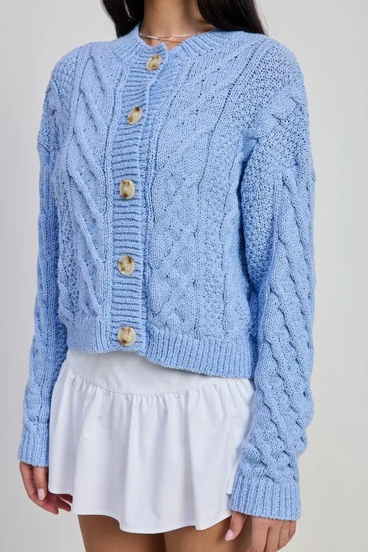 Cable Knit Button-Up Cardigan in Baby Blue