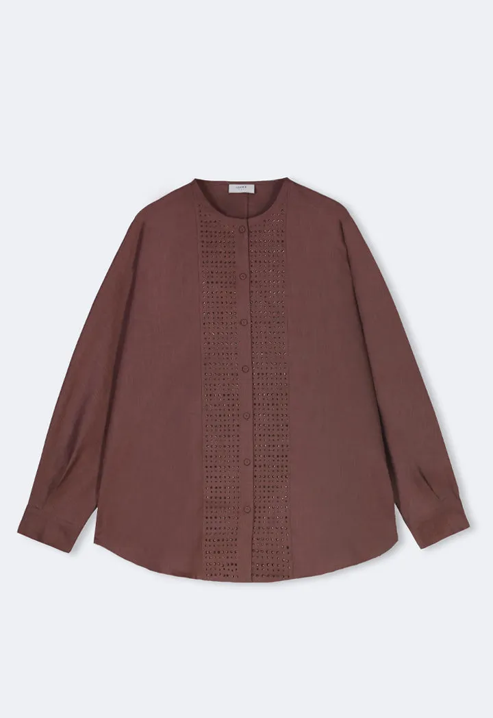 Choice Long Kimono Sleeves Linen Shirt Brown