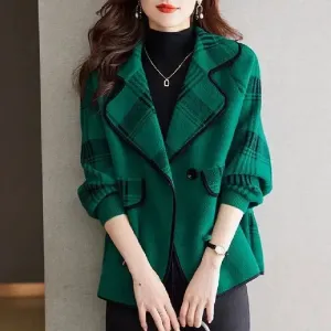 Colourblock Plaid Crop Women's Wool Blend Blazer