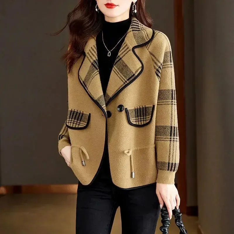 Colourblock Plaid Crop Women's Wool Blend Blazer