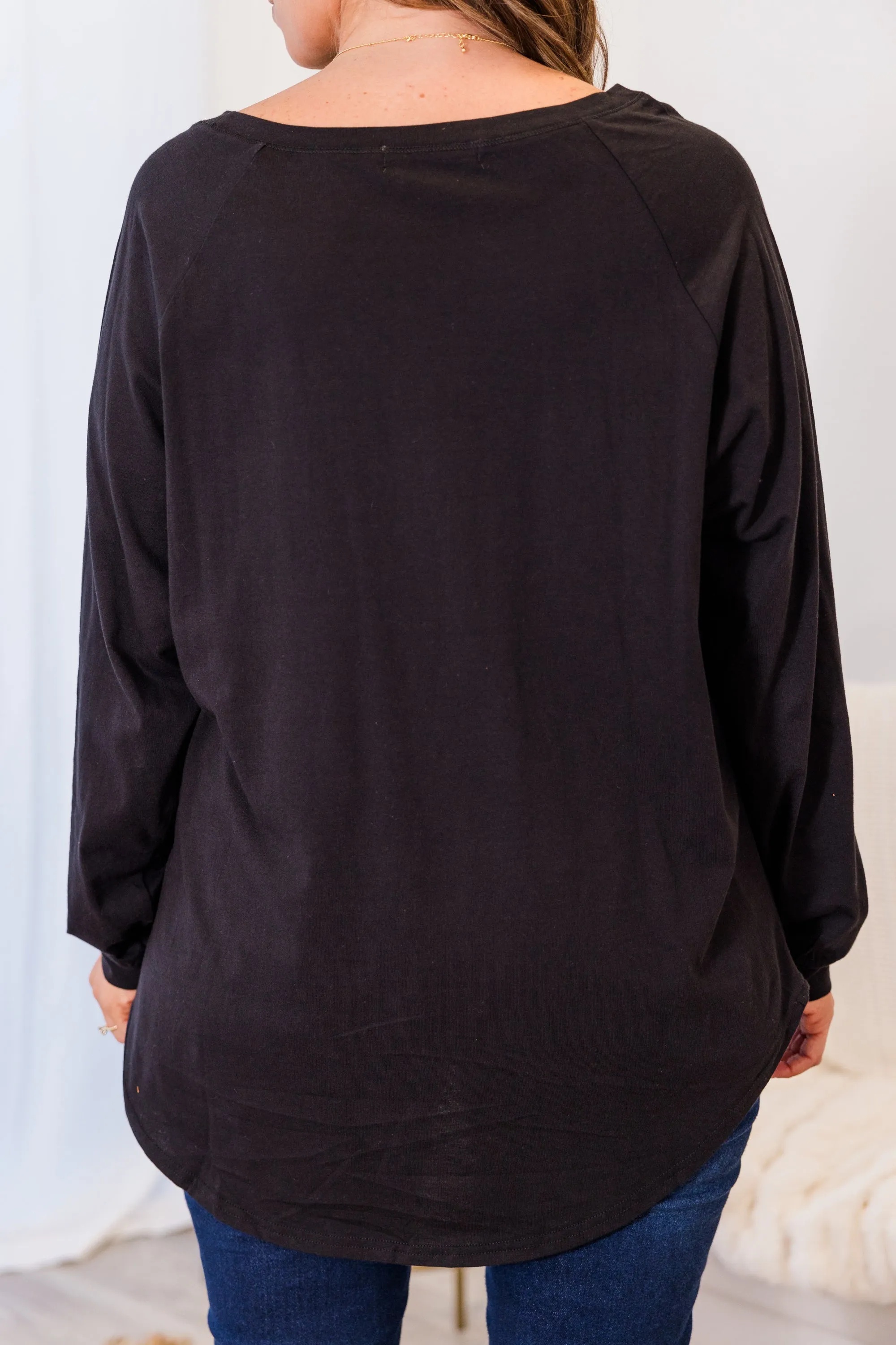 Curved Hem Slouchy Dolman Tunic, Black Sequin