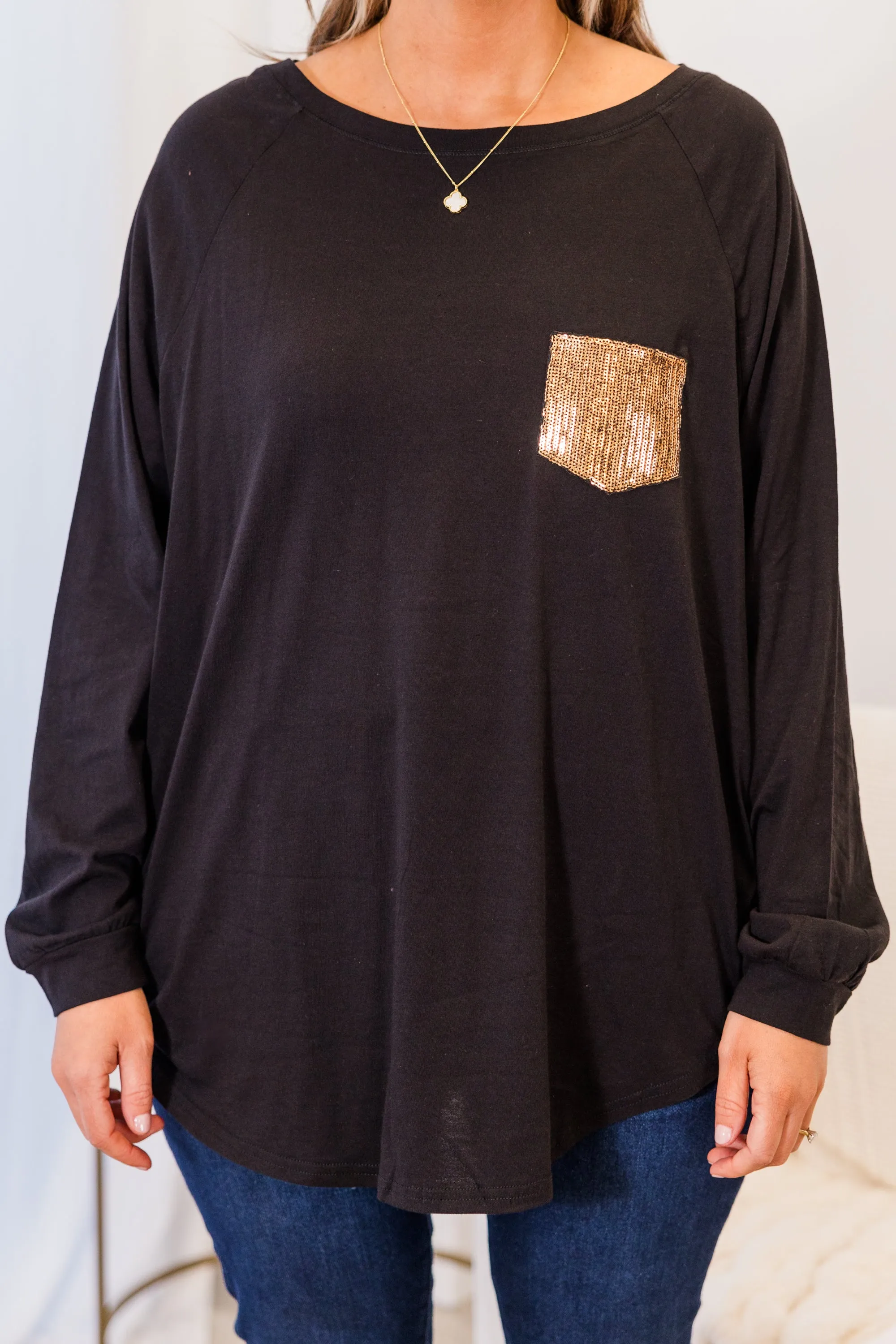 Curved Hem Slouchy Dolman Tunic, Black Sequin