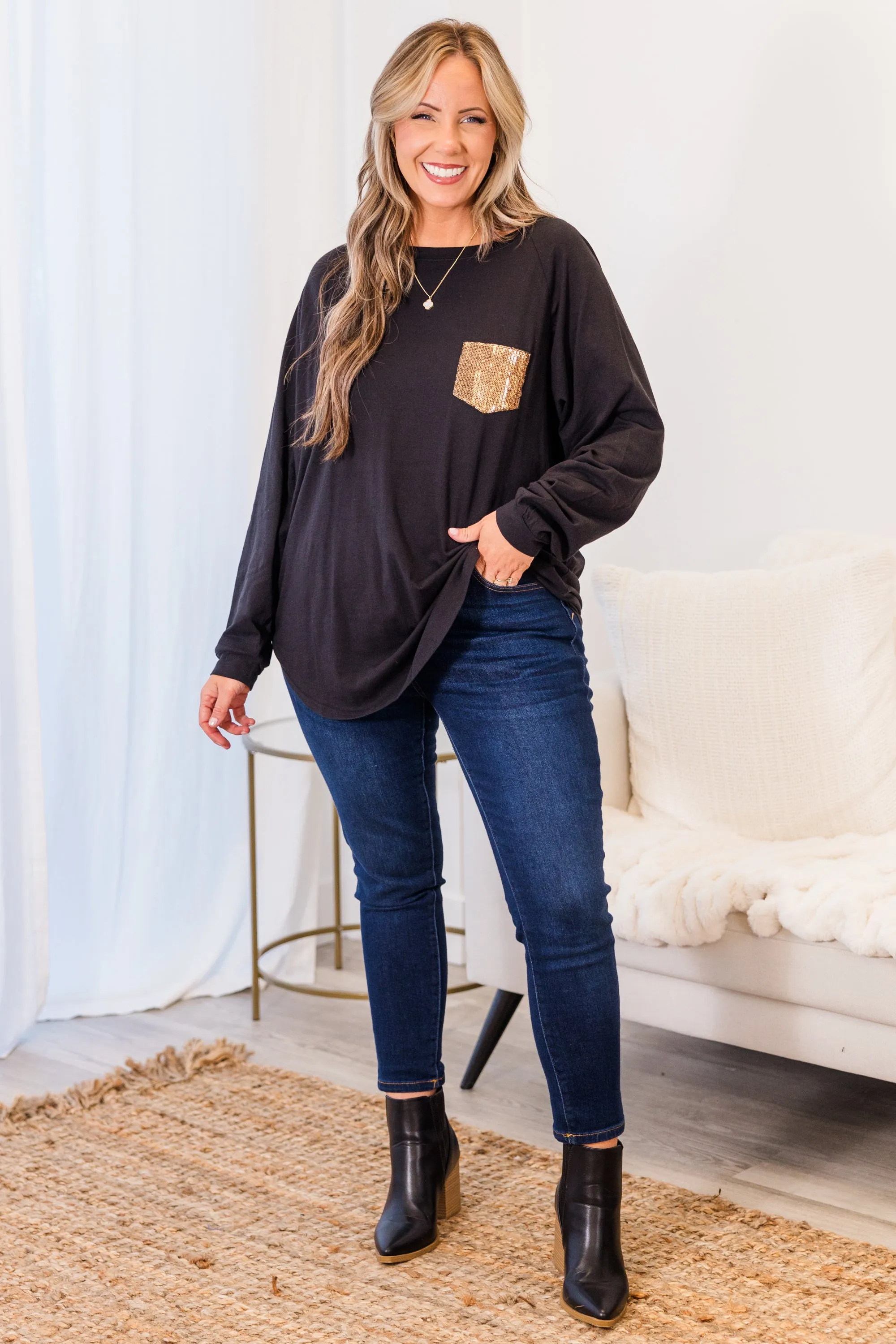 Curved Hem Slouchy Dolman Tunic, Black Sequin