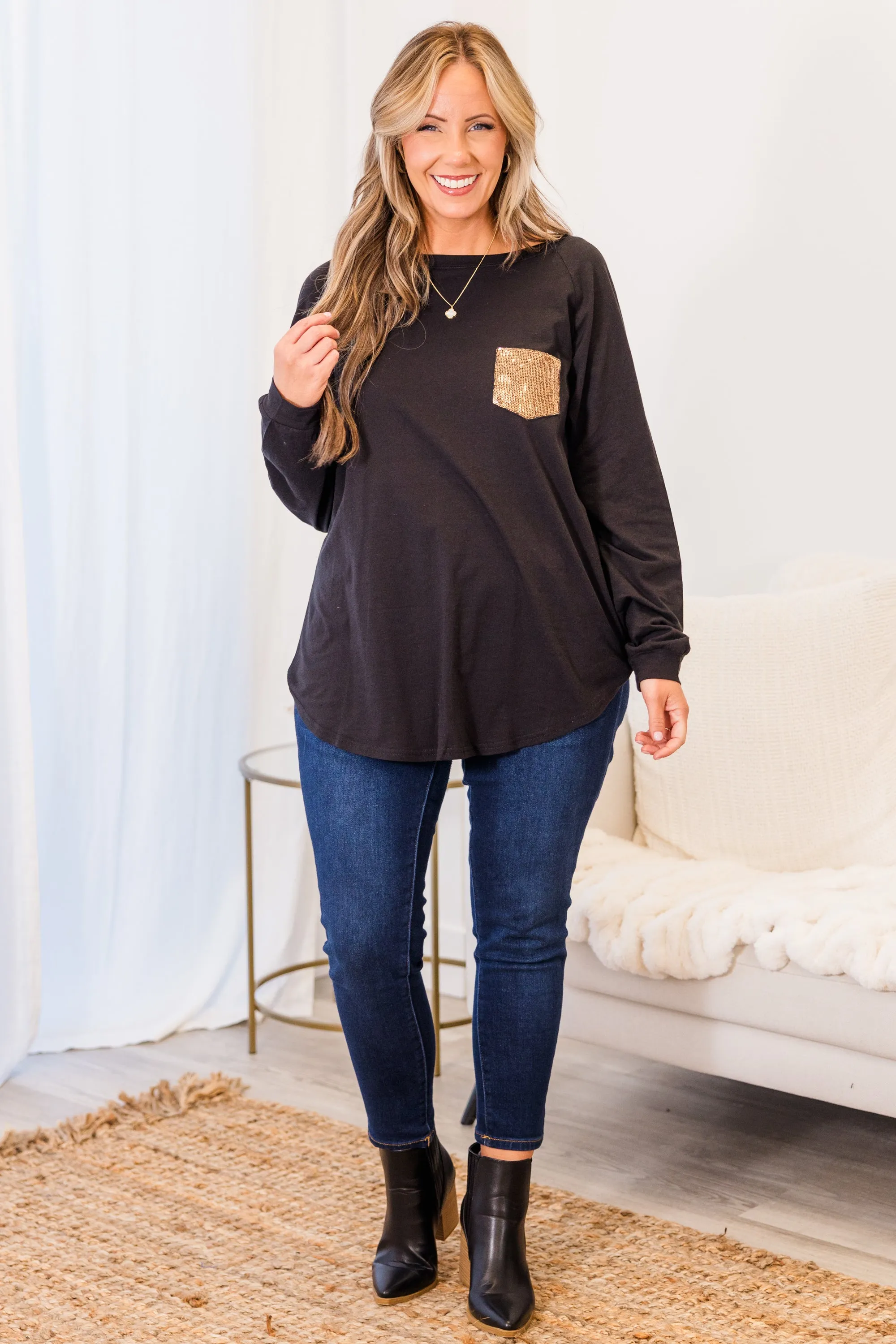 Curved Hem Slouchy Dolman Tunic, Black Sequin