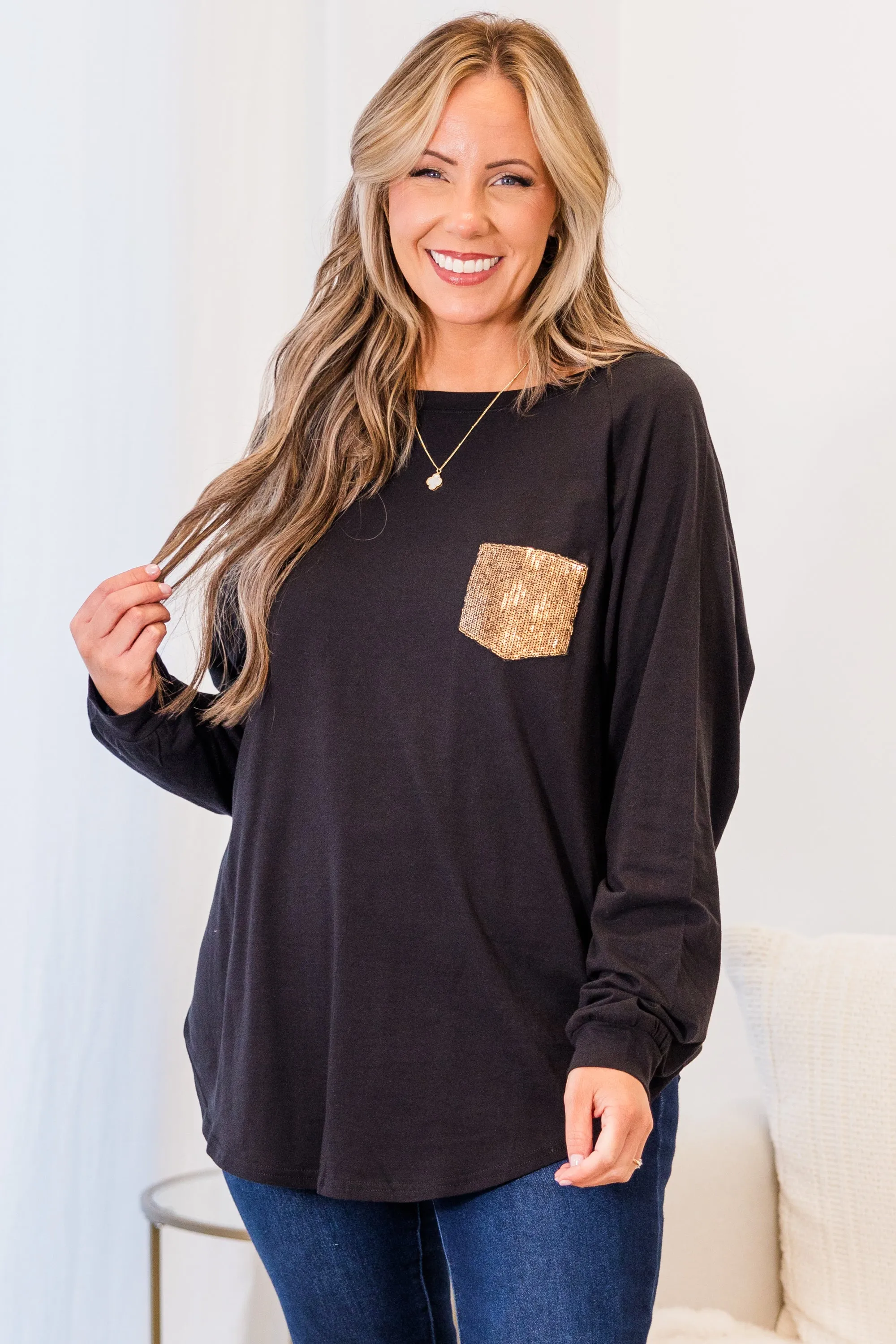 Curved Hem Slouchy Dolman Tunic, Black Sequin