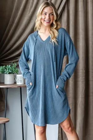Dark Blue Ribbed Long Sleeve Hooded Dress