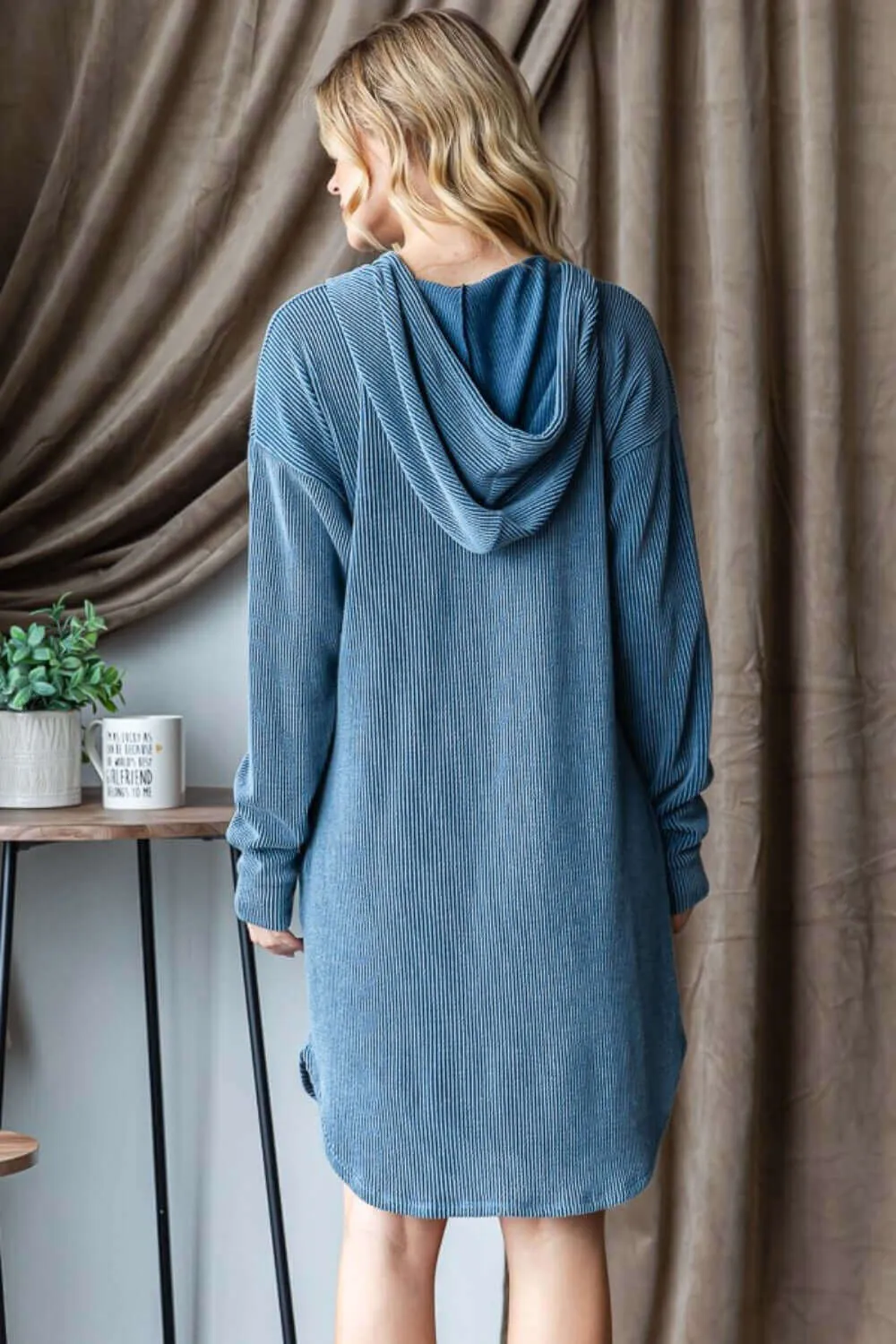 Dark Blue Ribbed Long Sleeve Hooded Dress