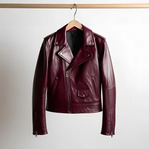 Elegant Maroon Leather Biker Jacket – Moto Style for Women