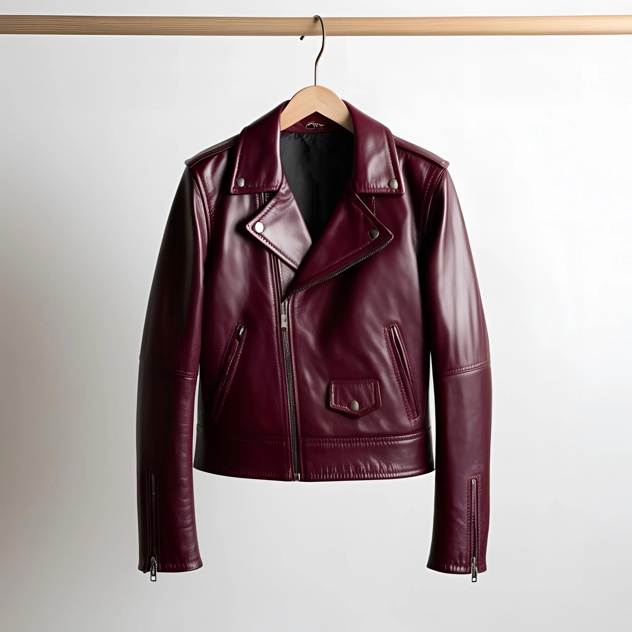 Elegant Maroon Leather Biker Jacket – Moto Style for Women