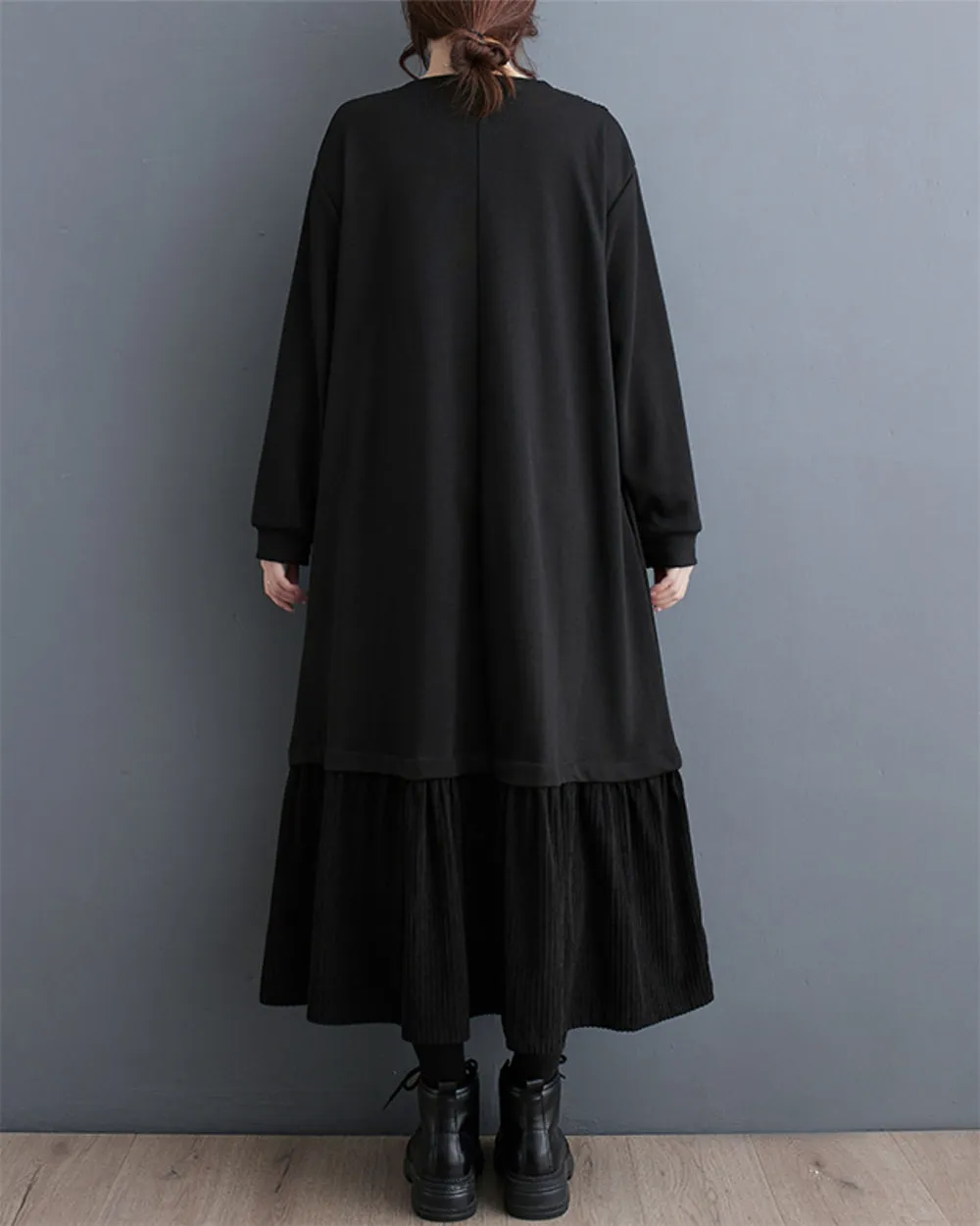 ellazhu Women's Baggy Patchwork Corduroy Long Sleeve Dress with Pockets GZ70