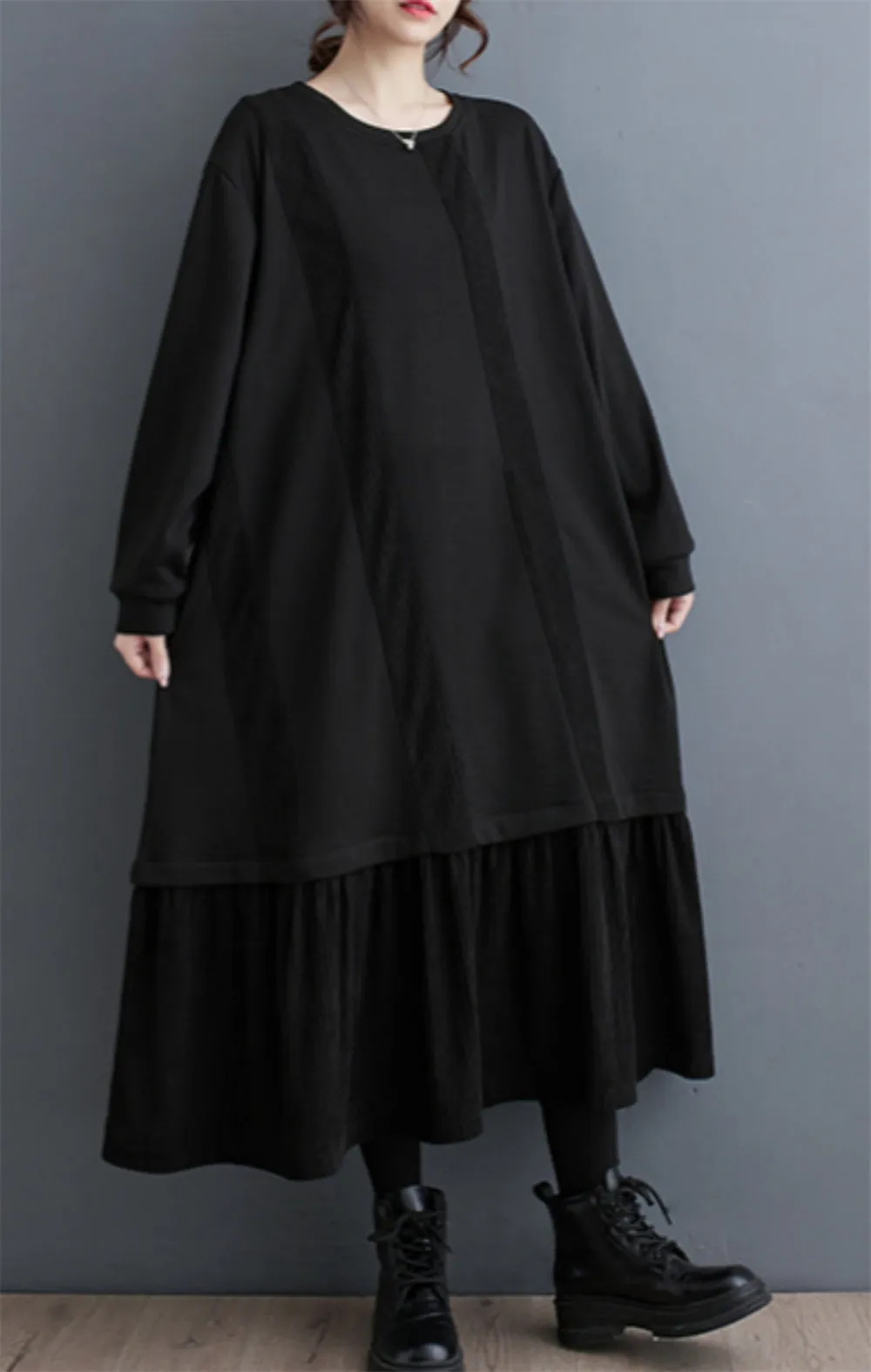 ellazhu Women's Baggy Patchwork Corduroy Long Sleeve Dress with Pockets GZ70