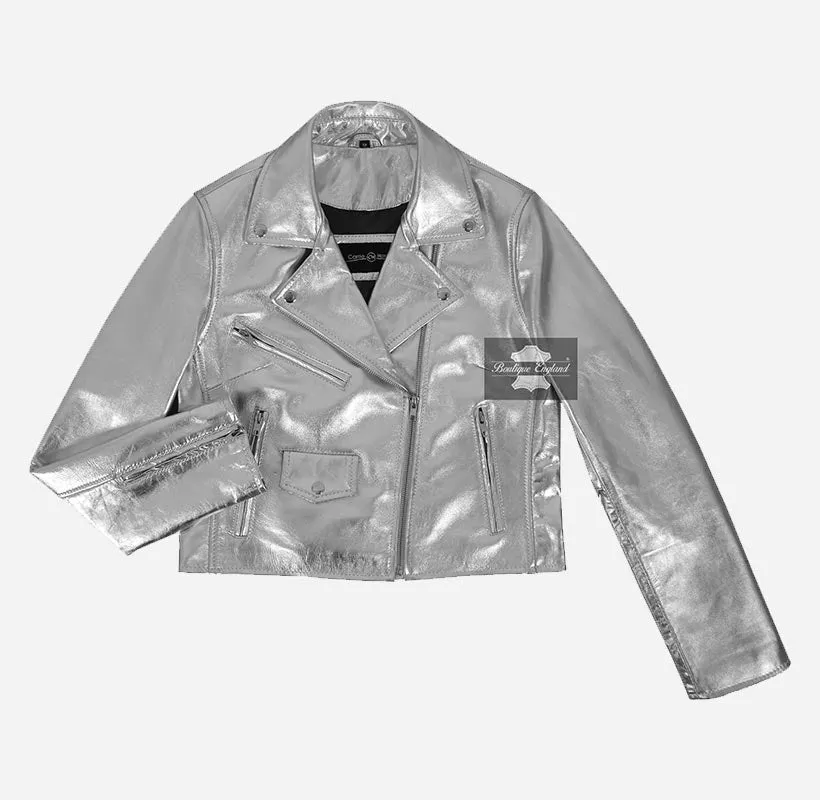 EMMA WATSON Style Jacket Fitted Ladies Silver Leather Jacket