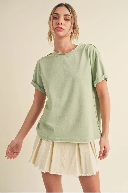 Exposed Seam Round Neck Short Sleeve T-Shirt