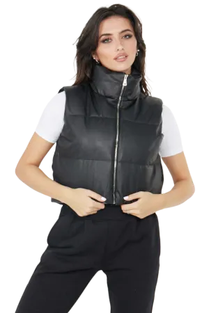 Faux Leather Puffer Padded Gilet Cropped Jacket