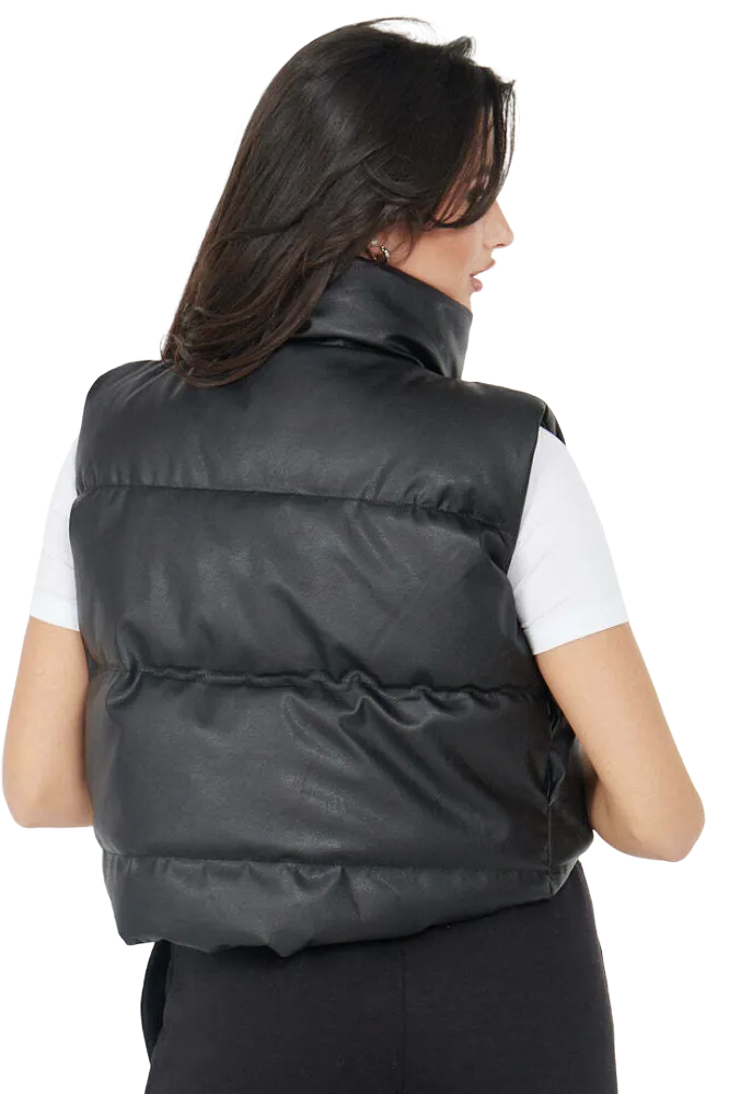 Faux Leather Puffer Padded Gilet Cropped Jacket