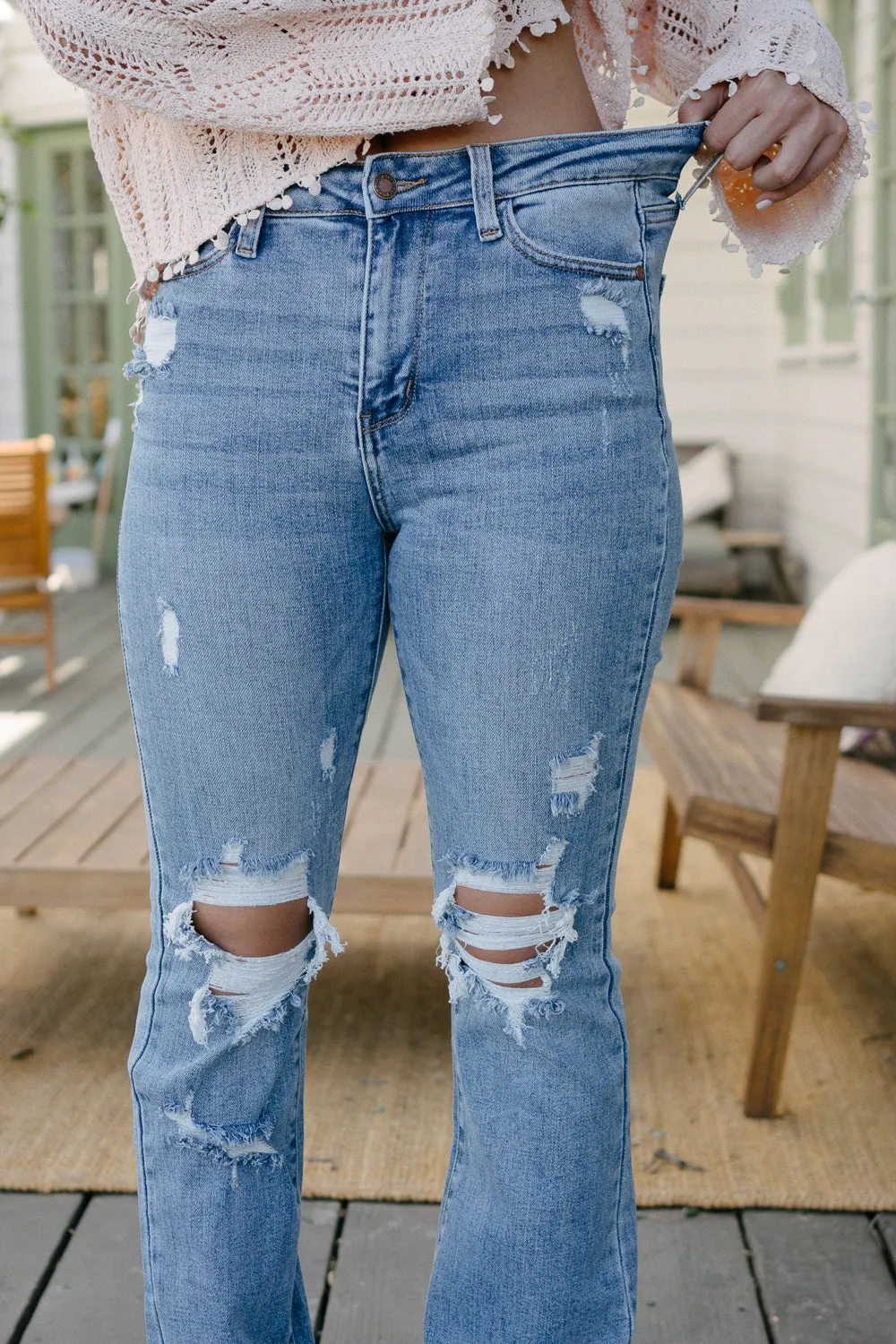 Faye Stone Wash Ripped Bootcut Jeans