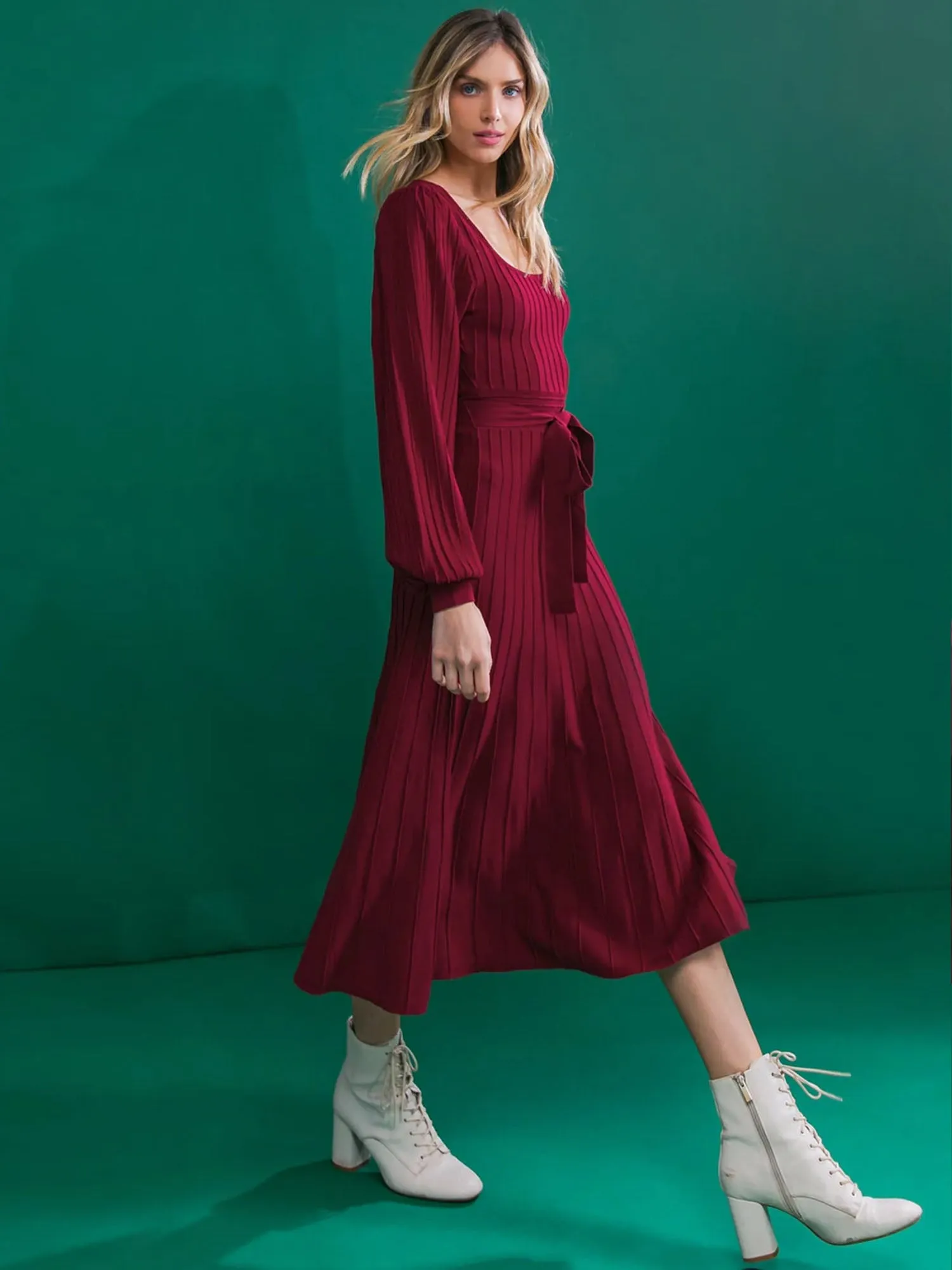Flying Tomato Puff Sleeve Pleated Belted Sweater Dress - Brands We Love