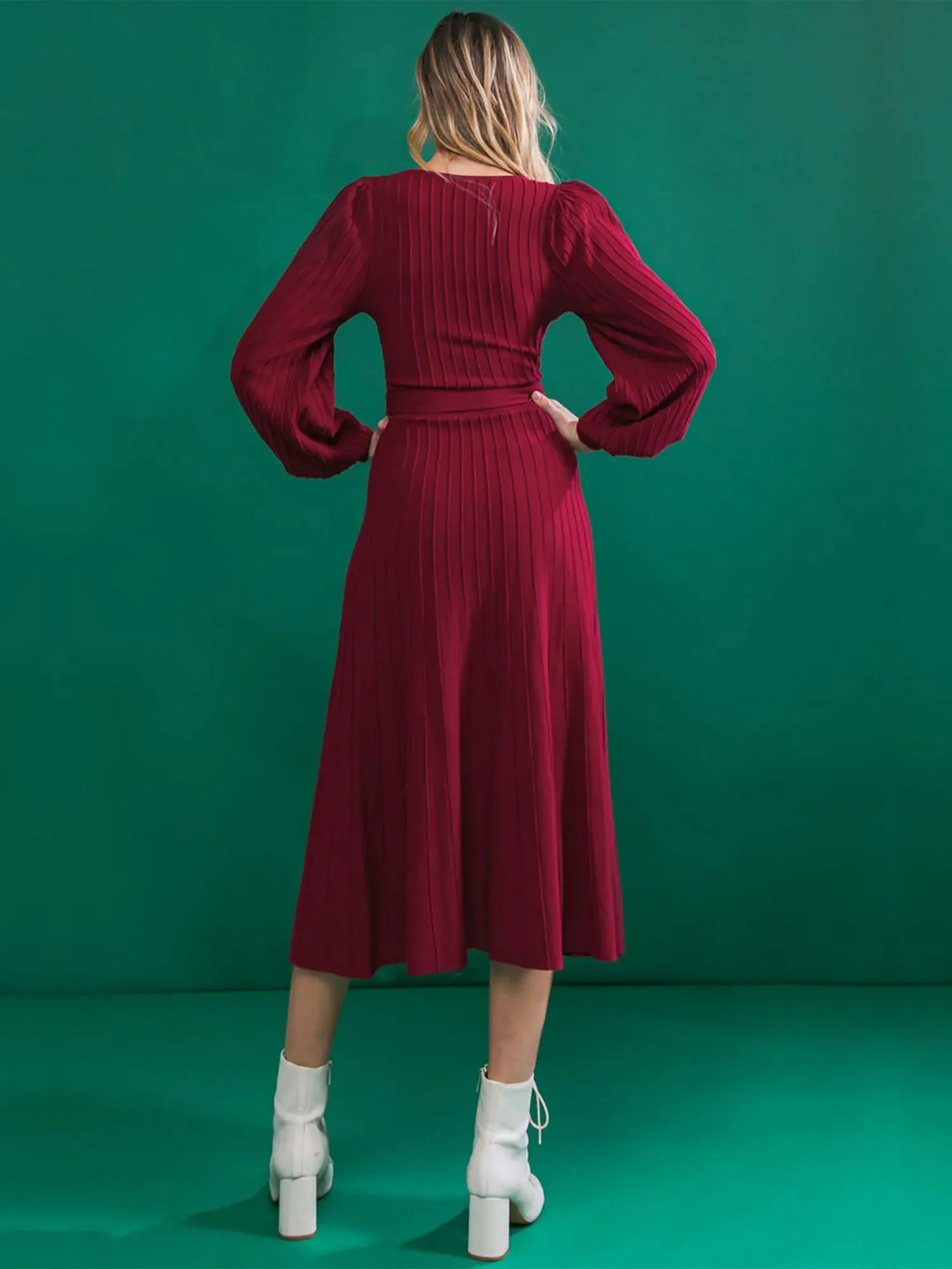 Flying Tomato Puff Sleeve Pleated Belted Sweater Dress - Brands We Love