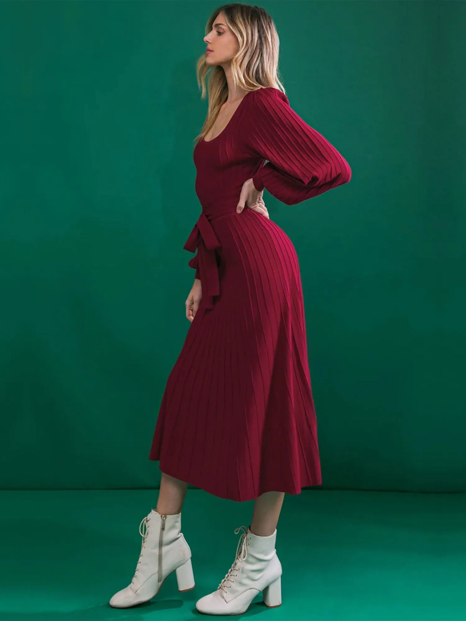Flying Tomato Puff Sleeve Pleated Belted Sweater Dress - Brands We Love