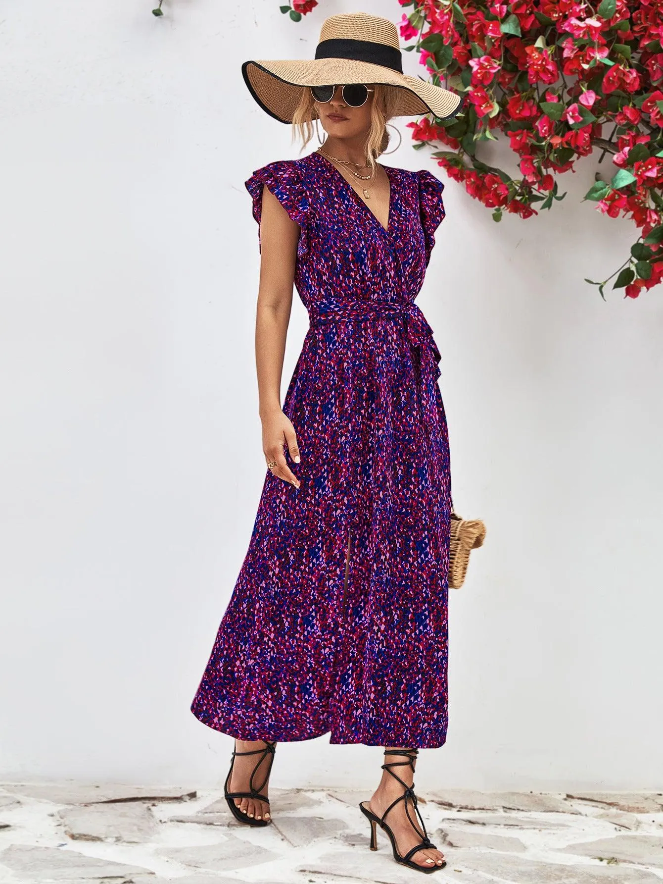 Hazel Blues® |  Printed Surplice Neck Flutter Sleeve Slit Dress