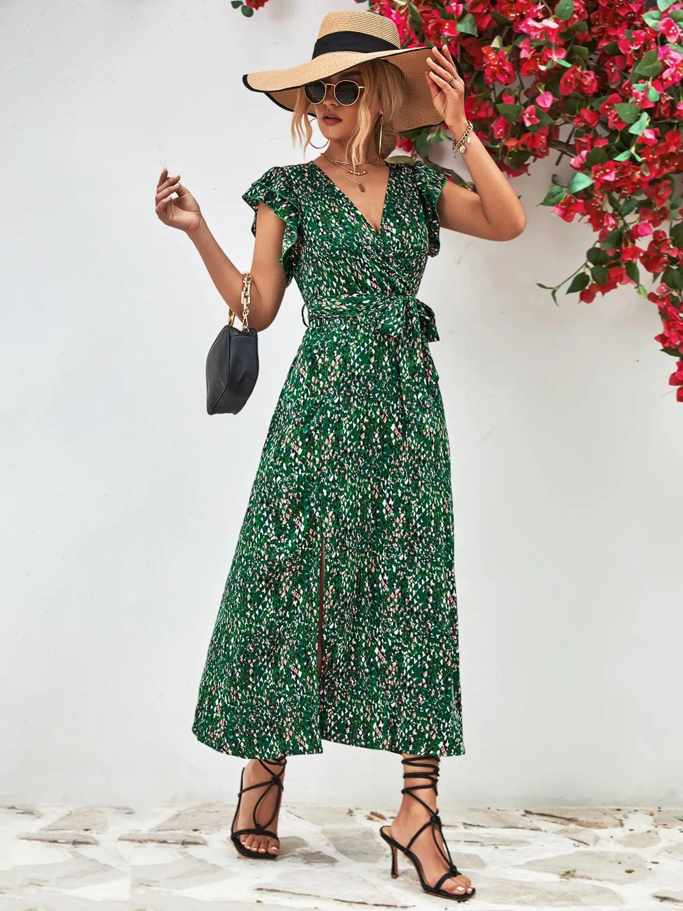 Hazel Blues® |  Printed Surplice Neck Flutter Sleeve Slit Dress