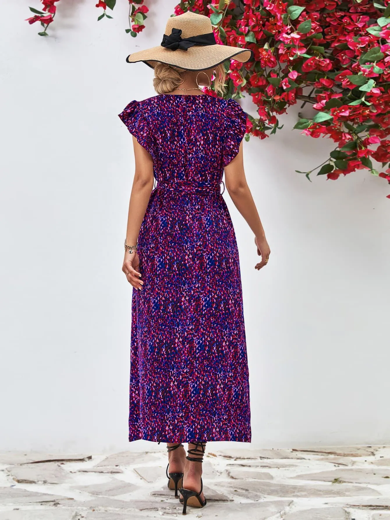 Hazel Blues® |  Printed Surplice Neck Flutter Sleeve Slit Dress