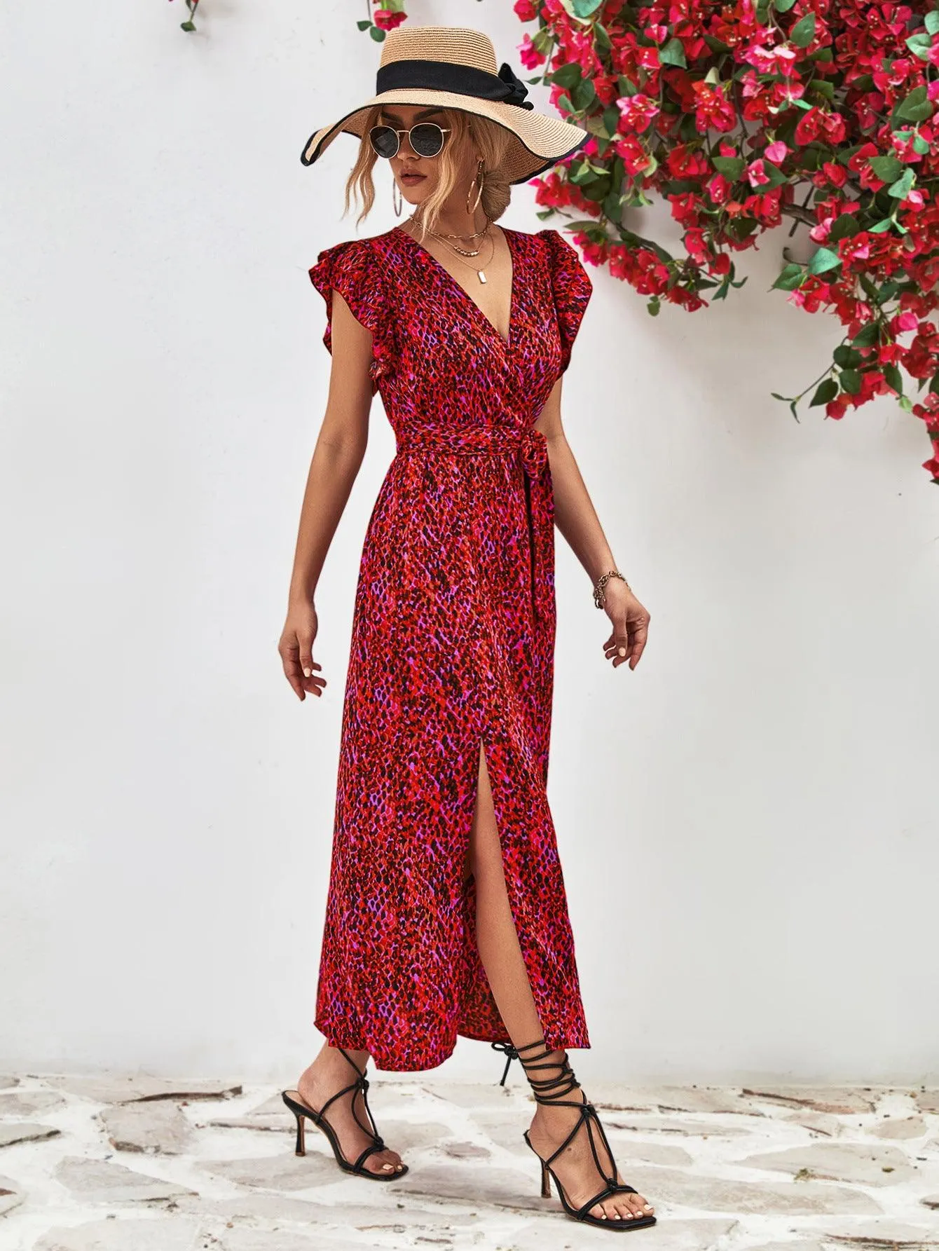 Hazel Blues® |  Printed Surplice Neck Flutter Sleeve Slit Dress