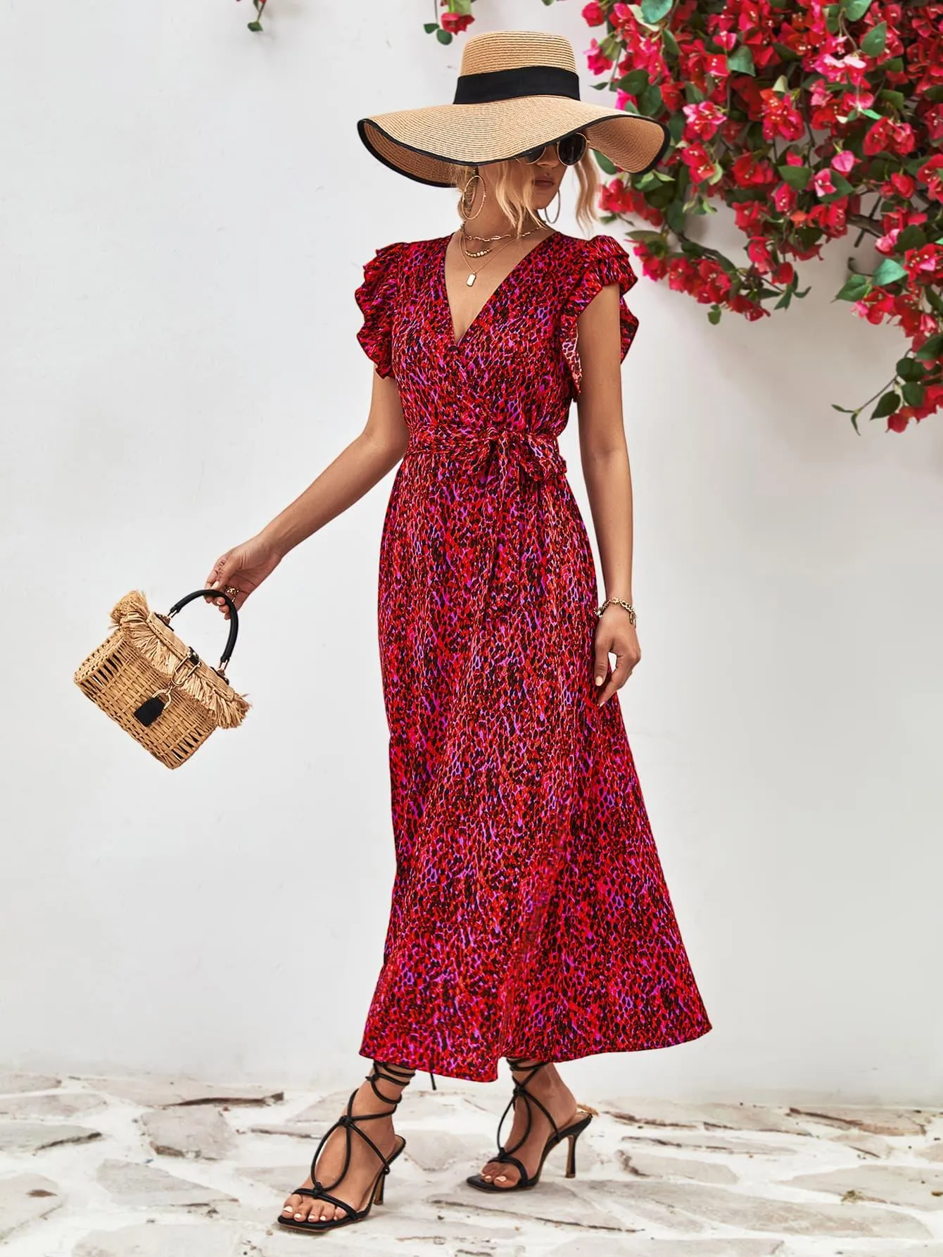 Hazel Blues® |  Printed Surplice Neck Flutter Sleeve Slit Dress