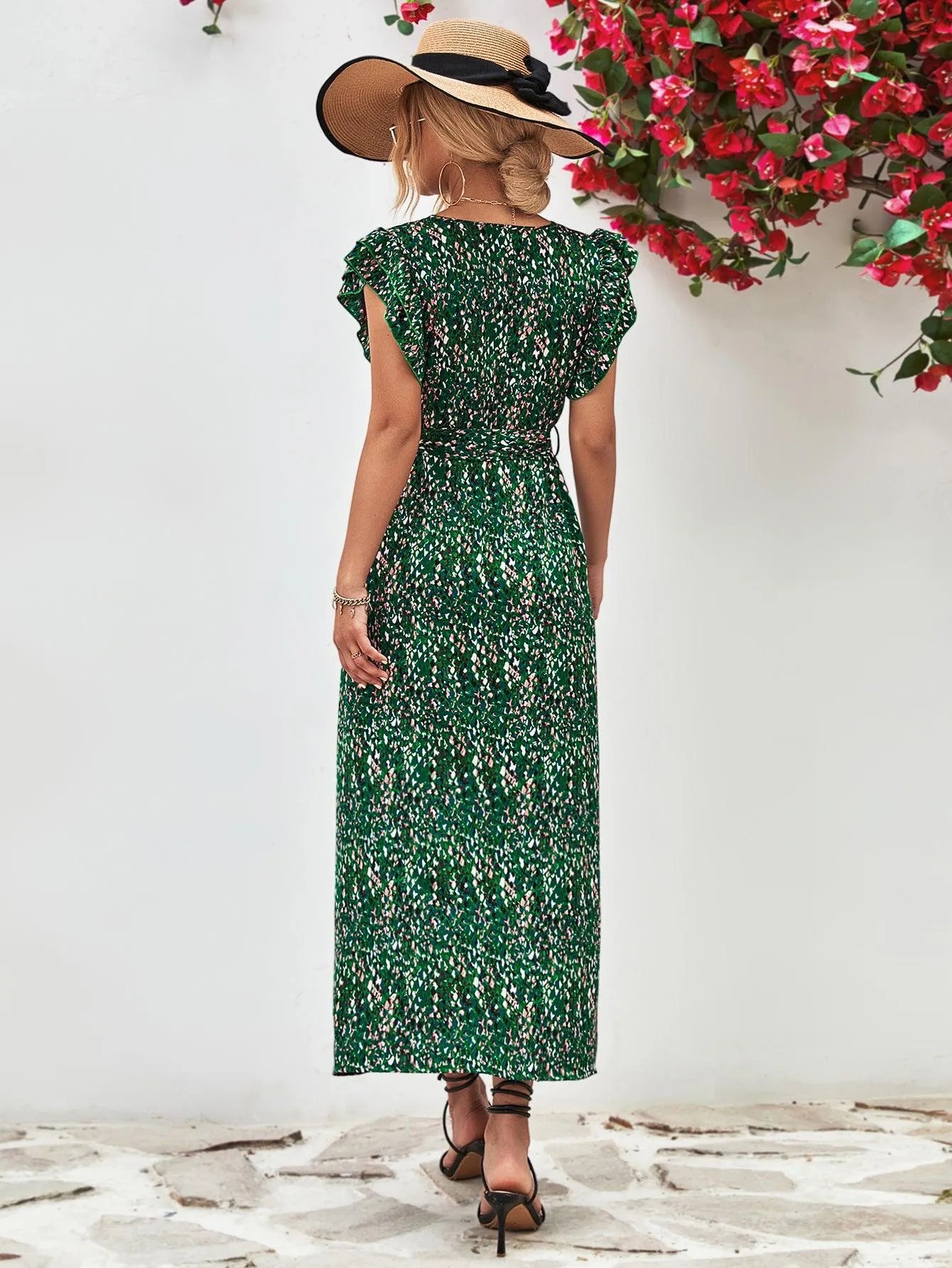 Hazel Blues® |  Printed Surplice Neck Flutter Sleeve Slit Dress
