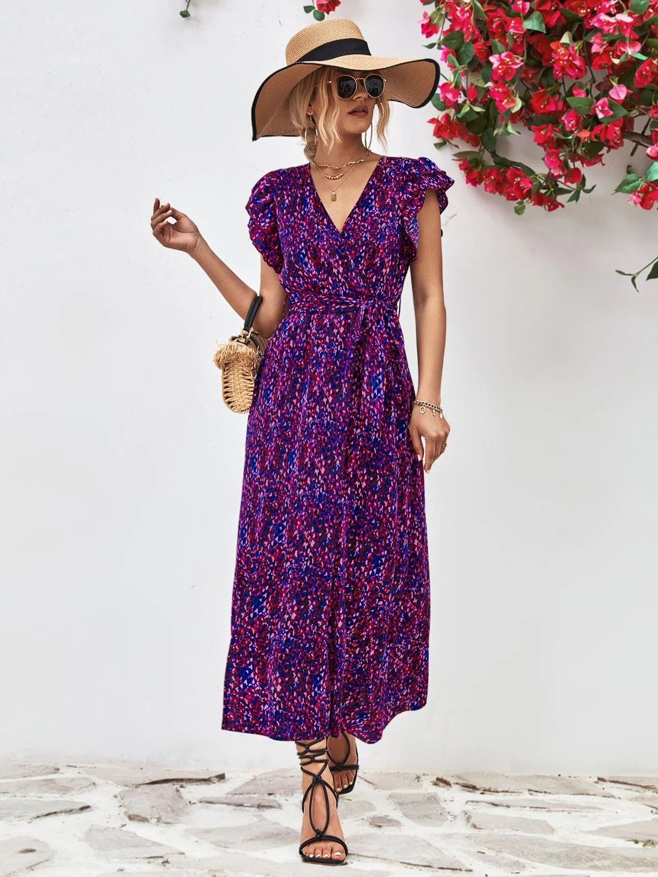Hazel Blues® |  Printed Surplice Neck Flutter Sleeve Slit Dress